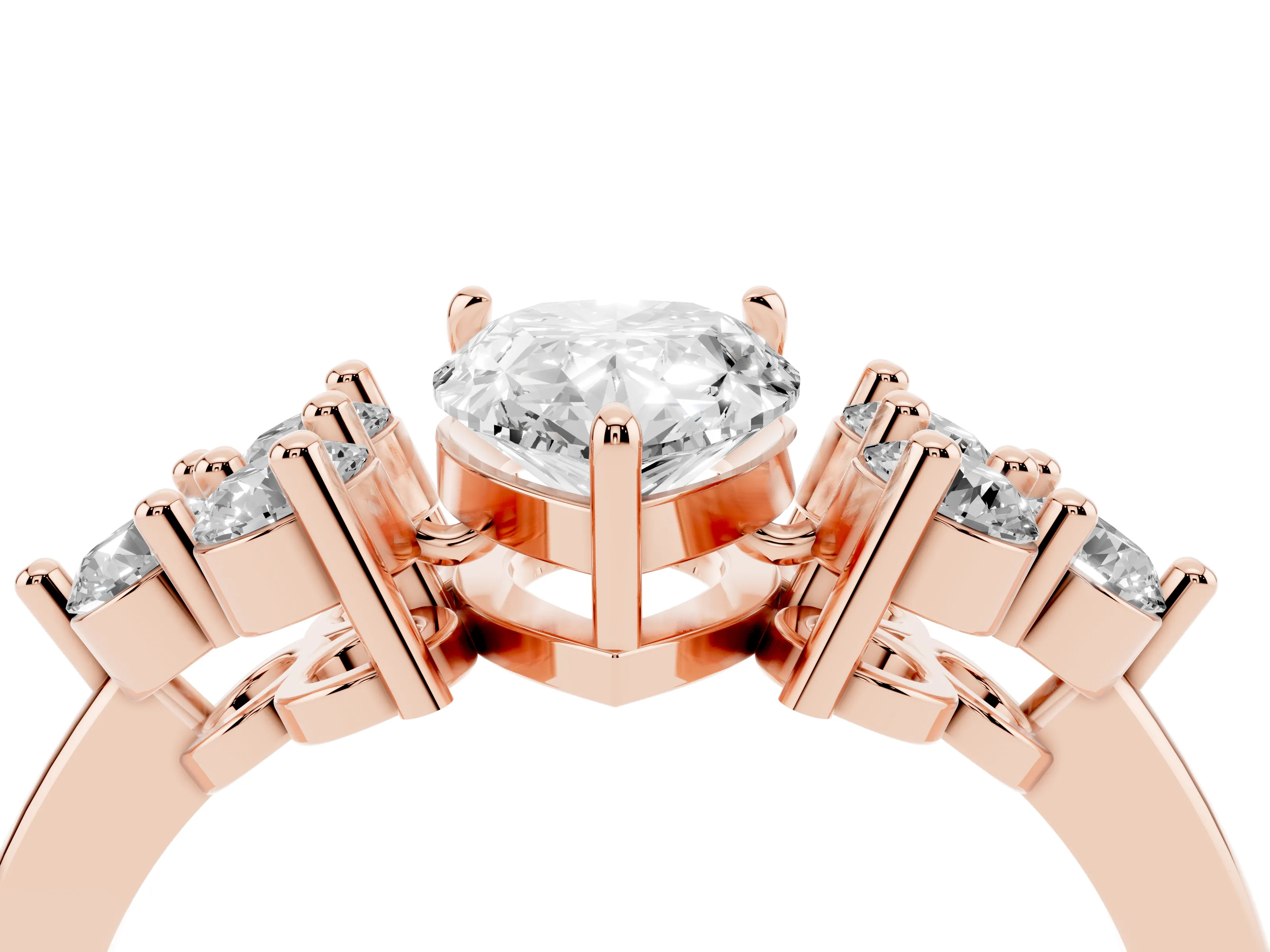 Pear Cut Diamond Solitaire Ring Set in Rose gold with Cluster Accents on Each Side