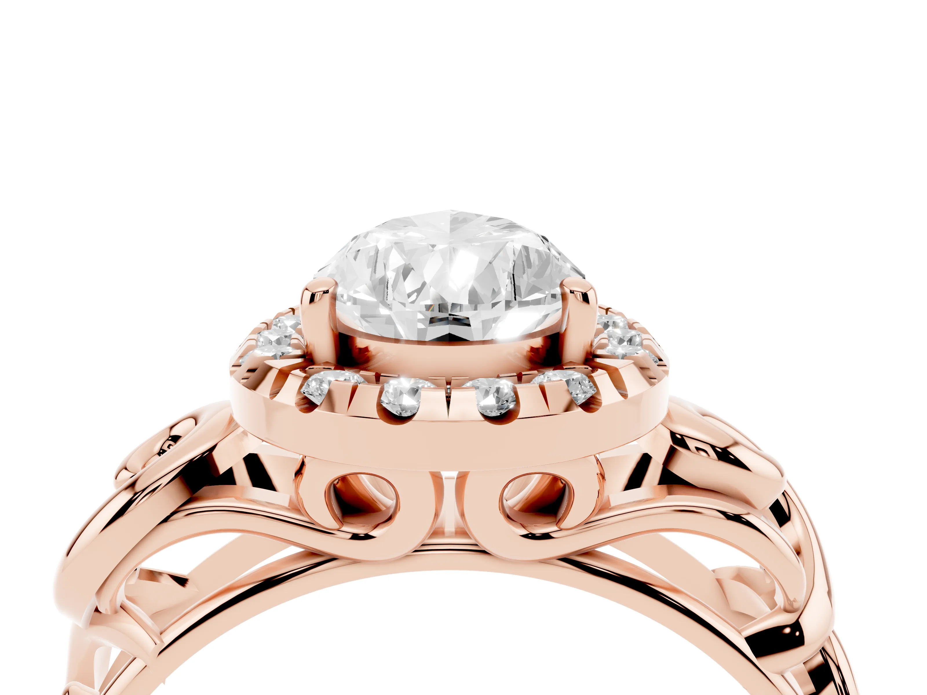 Pear Cut Diamond Halo Ring Set in Rose gold with Scrollwork Band and Prong Setting