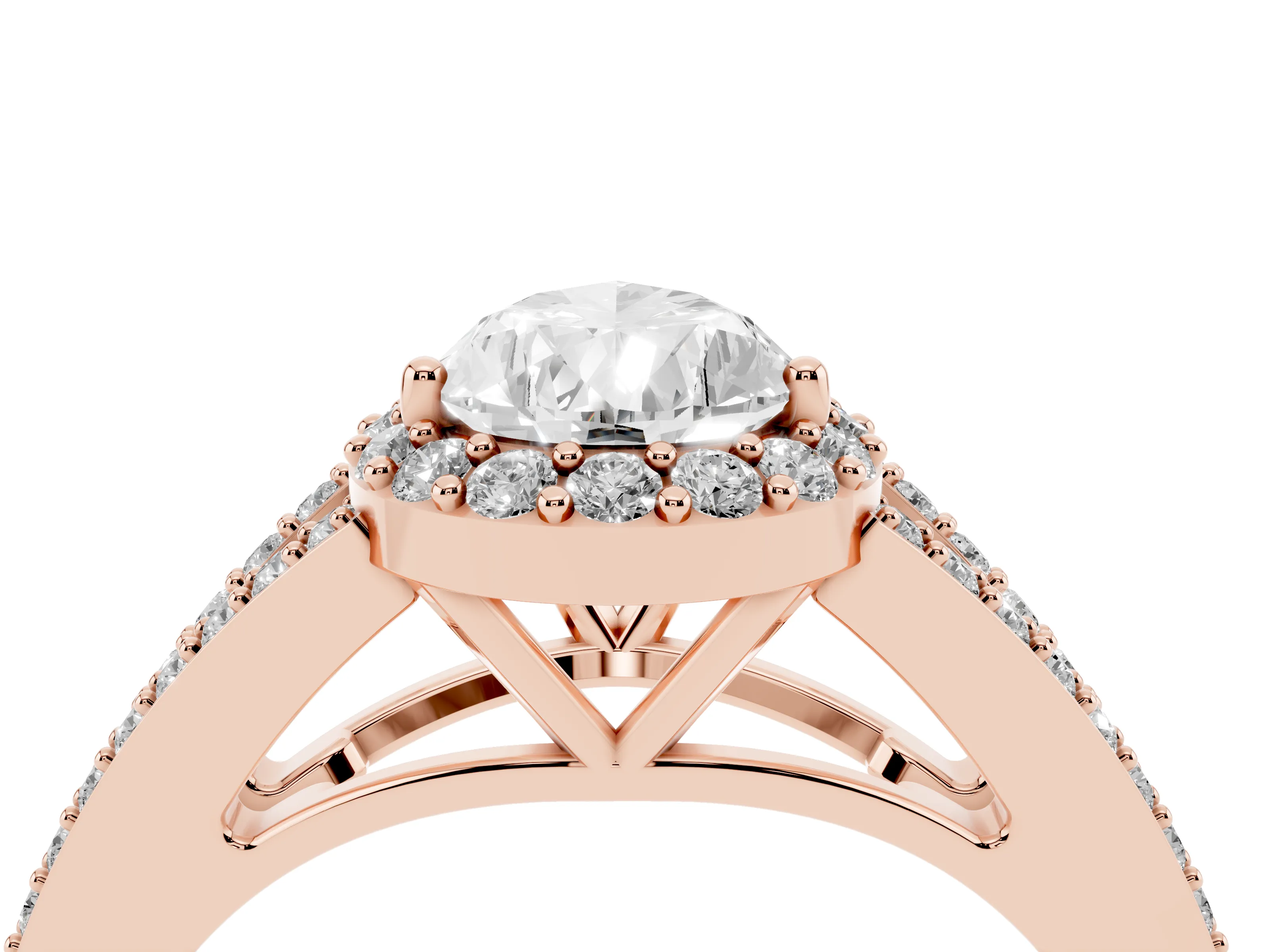 Pear Cut Diamond Halo Split Shank Pavé Ring Set in Rose gold with Prong Setting