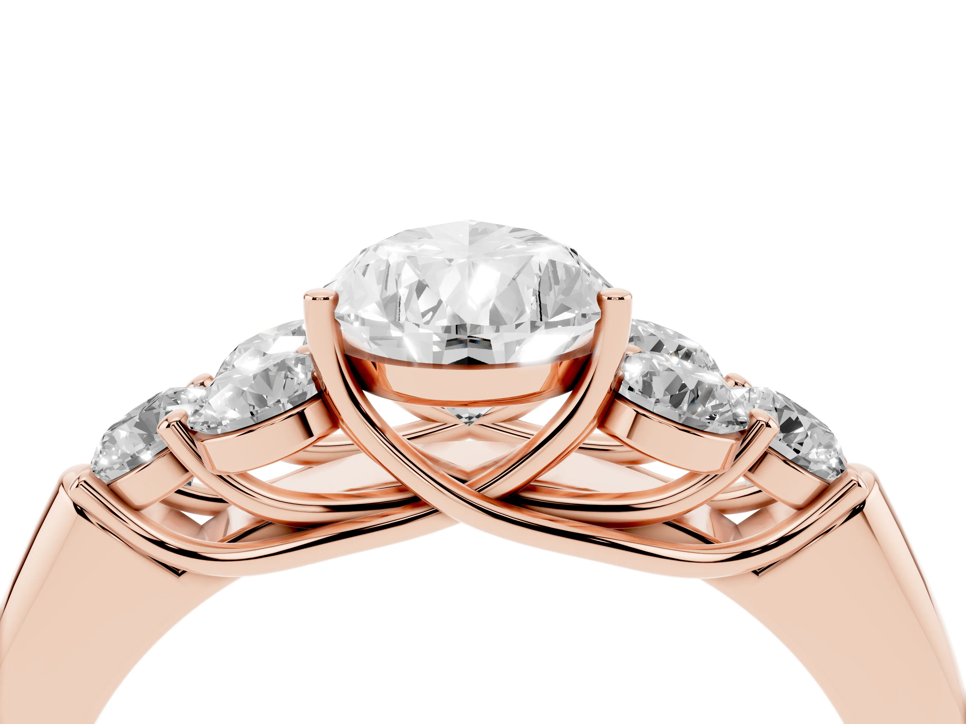 Pear Cut Diamond Cluster Ring Set in Rose gold with Round Accent Stones and Prong Setting on a Plain Band