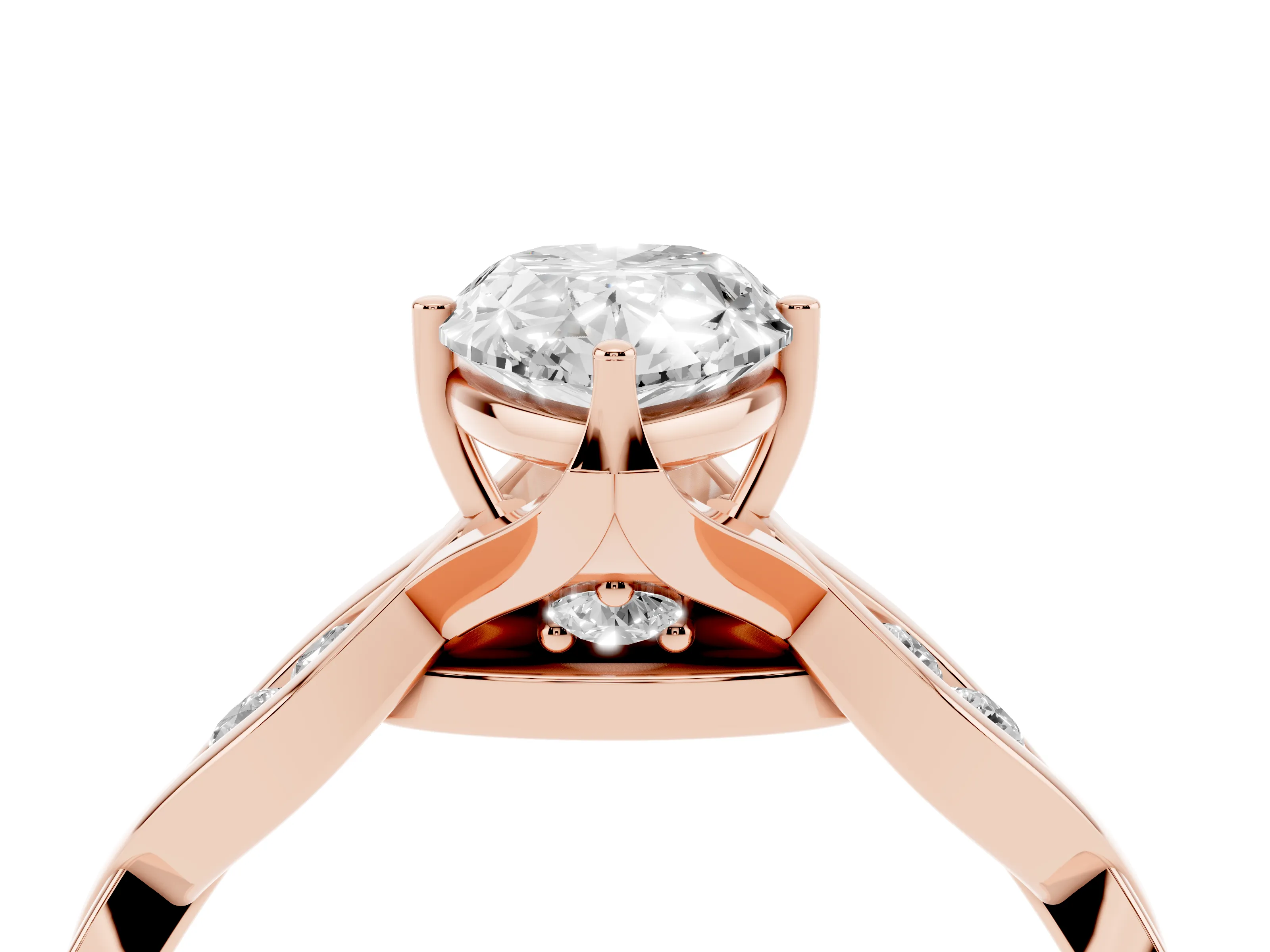 Pear Cut Diamond Twist Band Solitaire Ring Set in Rose gold with Leaf Prong Setting and Accent Stones