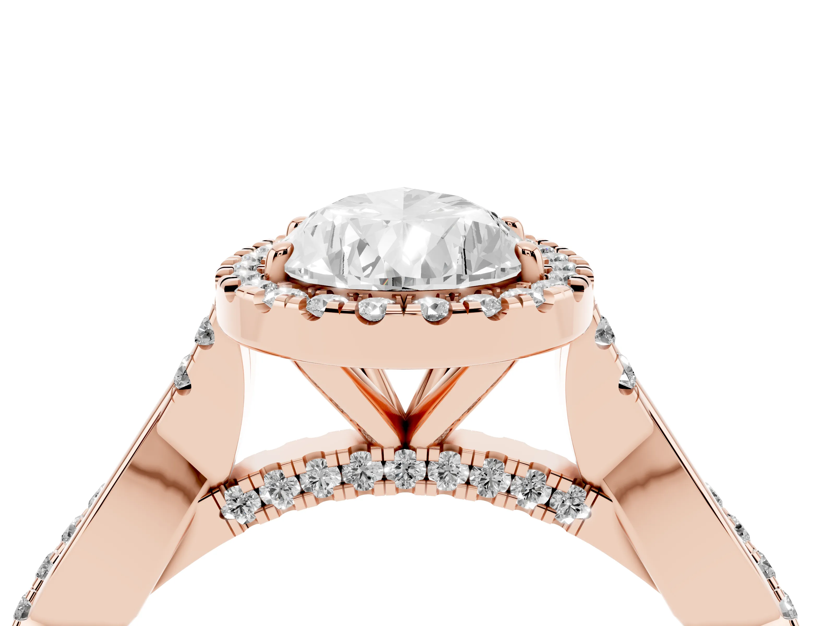 Pear Cut Diamond Halo Twist Band Solitaire Ring Set in Rose gold with Prong Setting