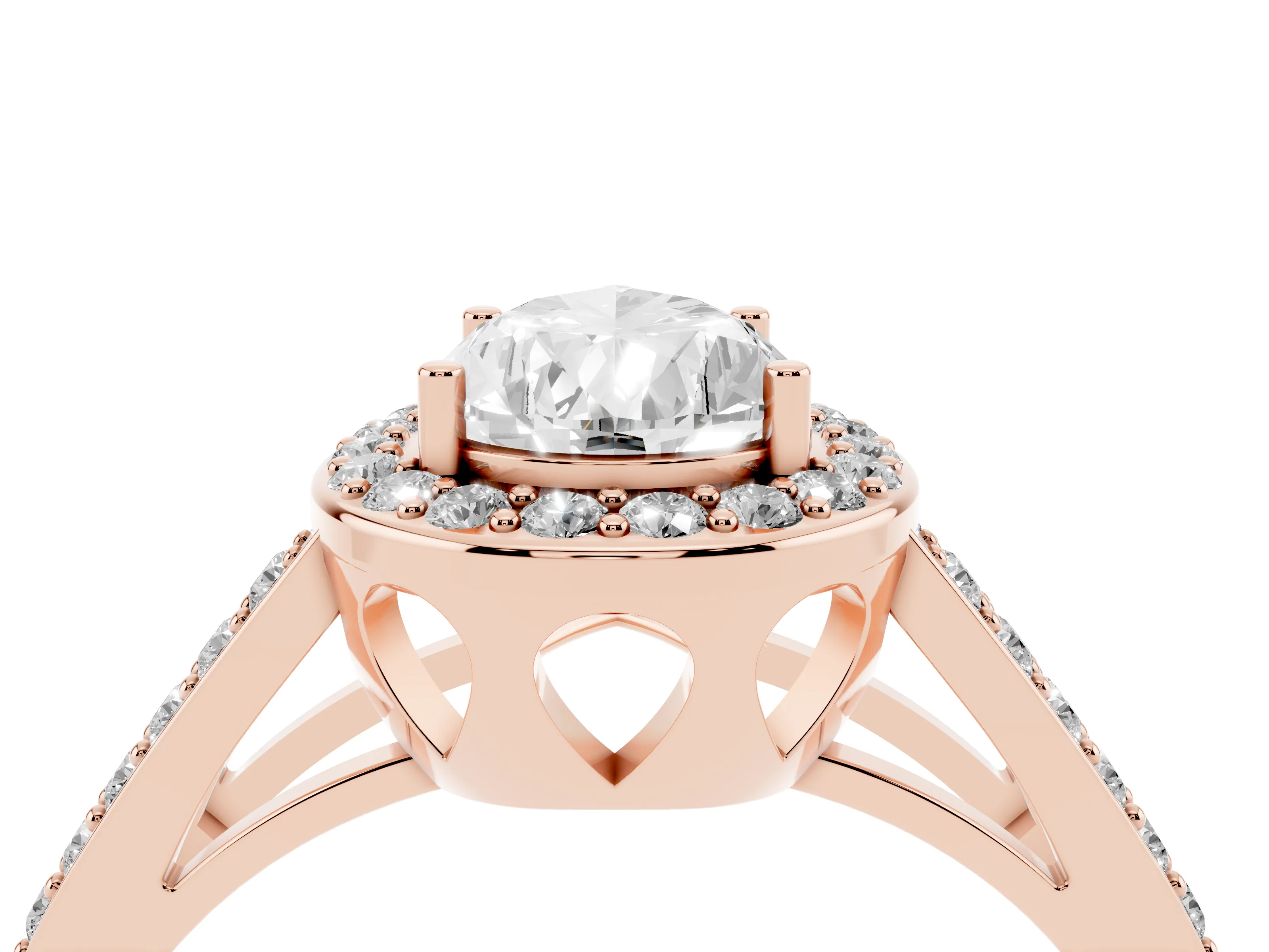 Pear Cut Diamond Halo Ring Set in Rose gold with U-Prong Split Shank and Prong Setting