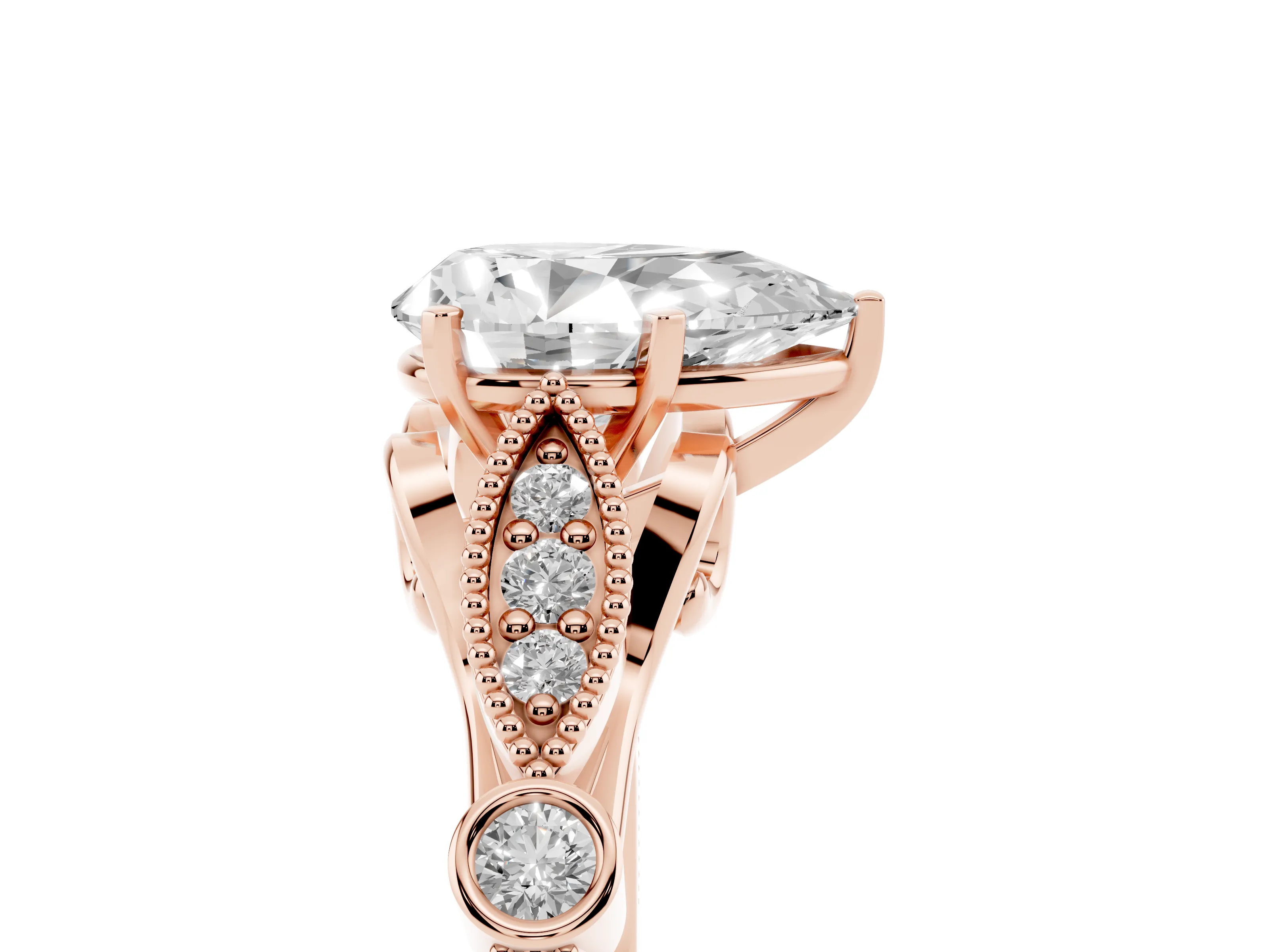 Pear Cut Diamond Solitaire Ring Set in Rose gold with Milgrain Marquise and Bezel Accents