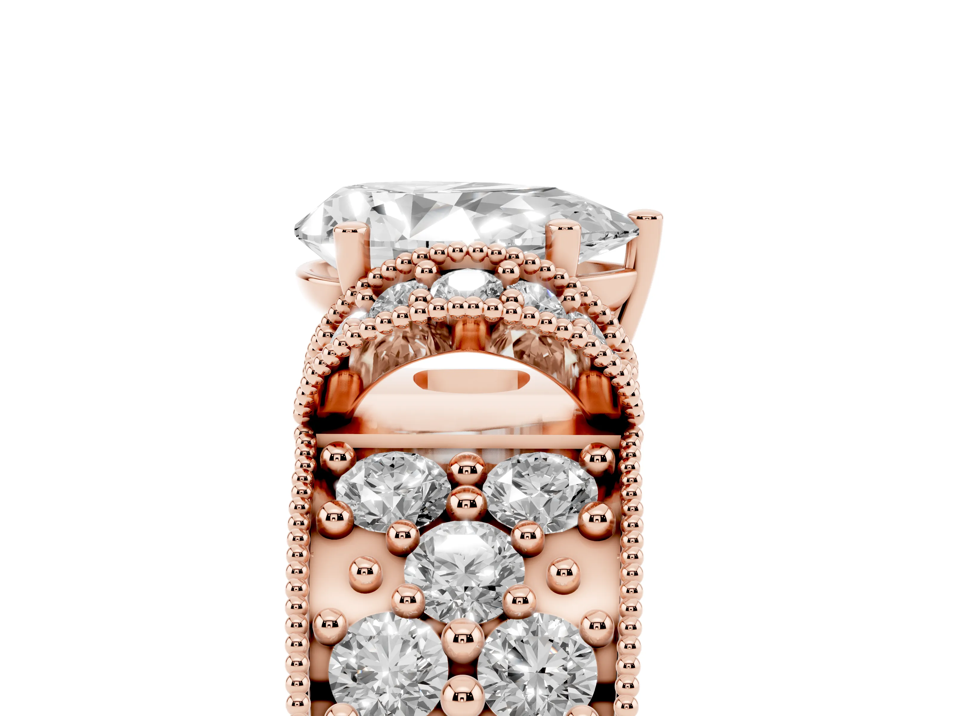 Pear Cut Diamond Milgrain Halo Pavé Engagement Ring Set in Rose gold with Prong Setting