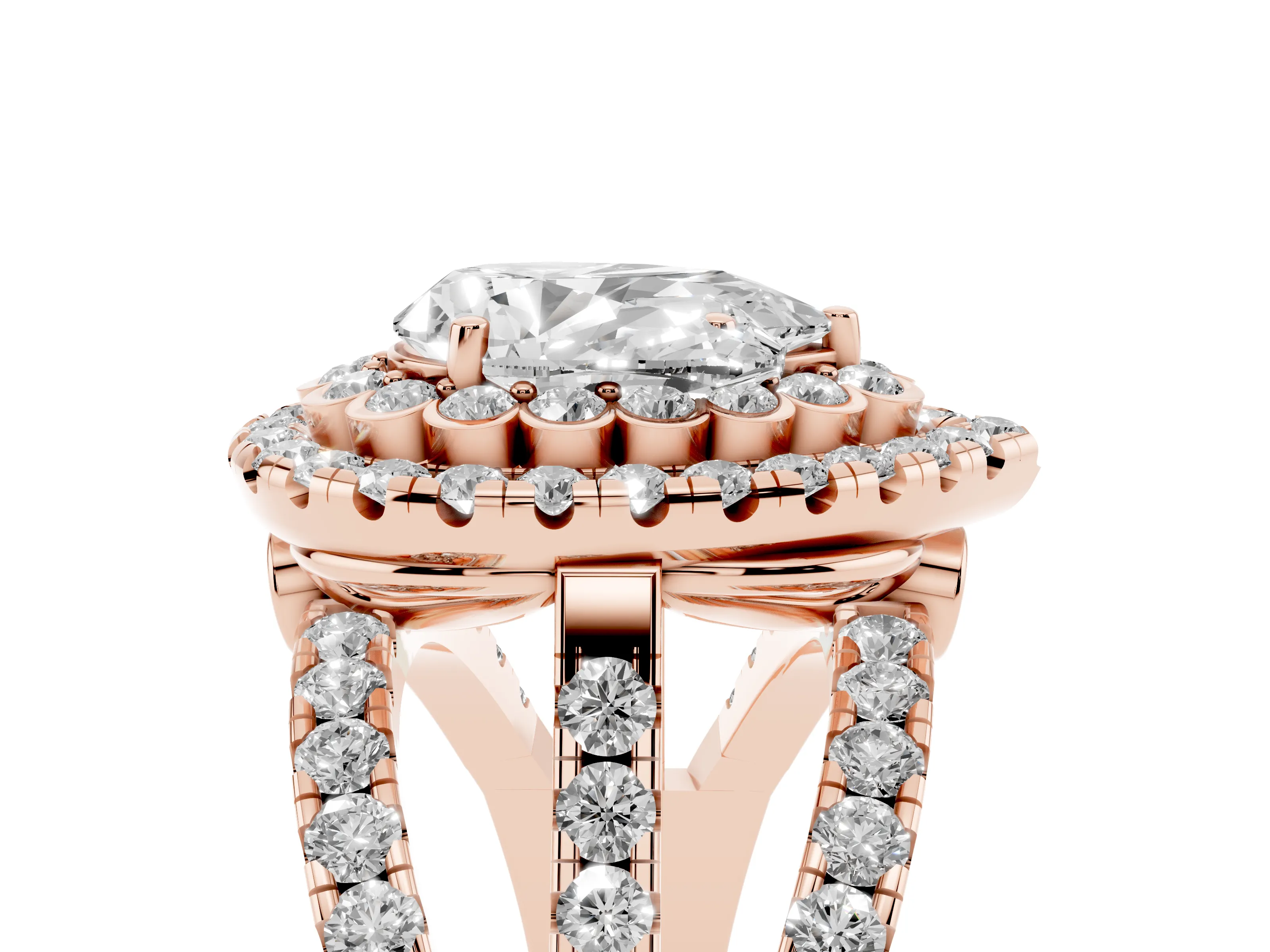 Pear Cut Diamond Double Halo Ring Set in Rose gold with Round Pavé Split Shank