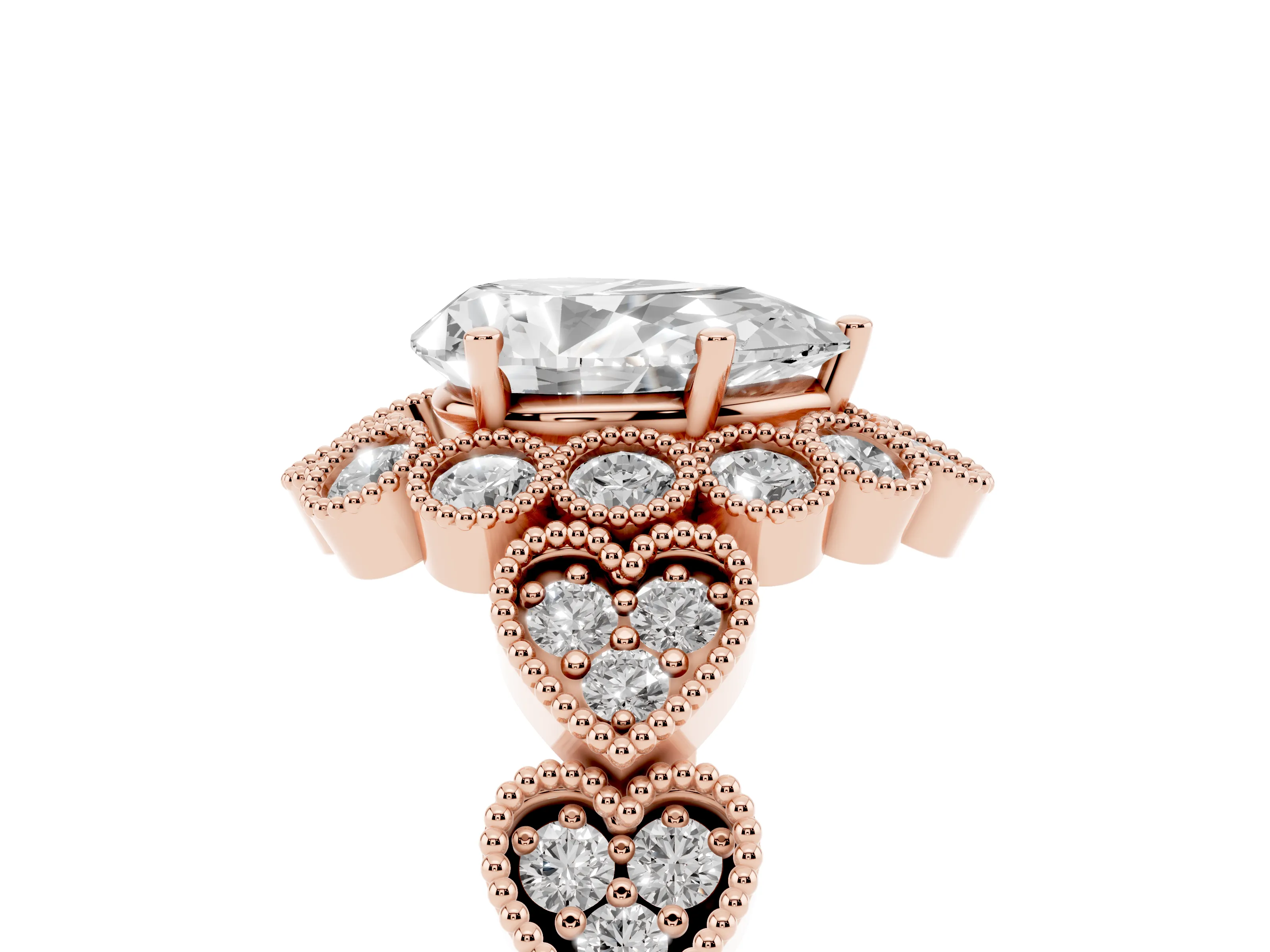 Pear Cut Diamond Solitaire Ring Set in Rose gold with Milgrain Pavé Heart Band