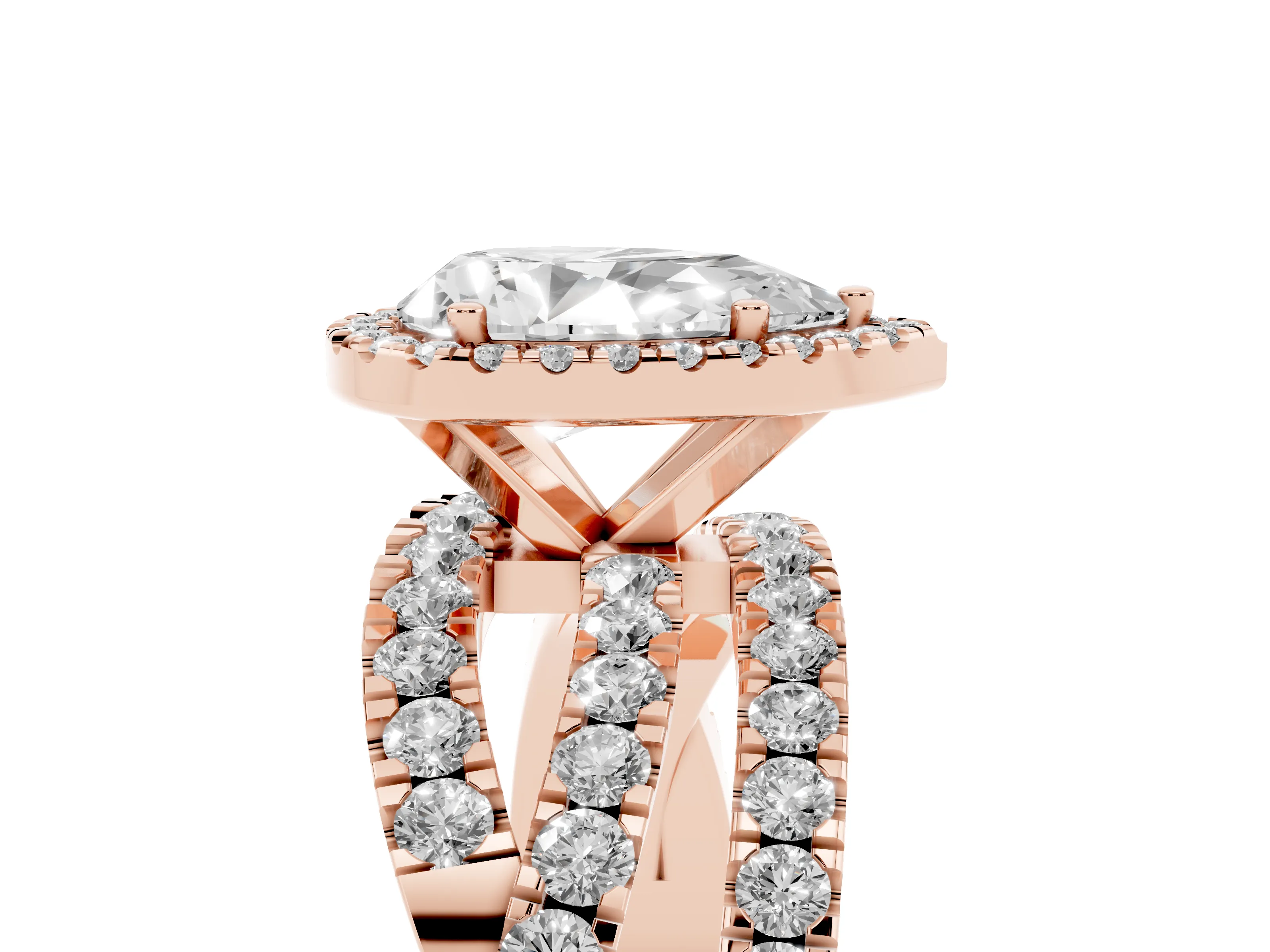 Pear Cut Diamond Halo Ring Set in Rose gold with Round Crossover Split Shank and Prong Setting