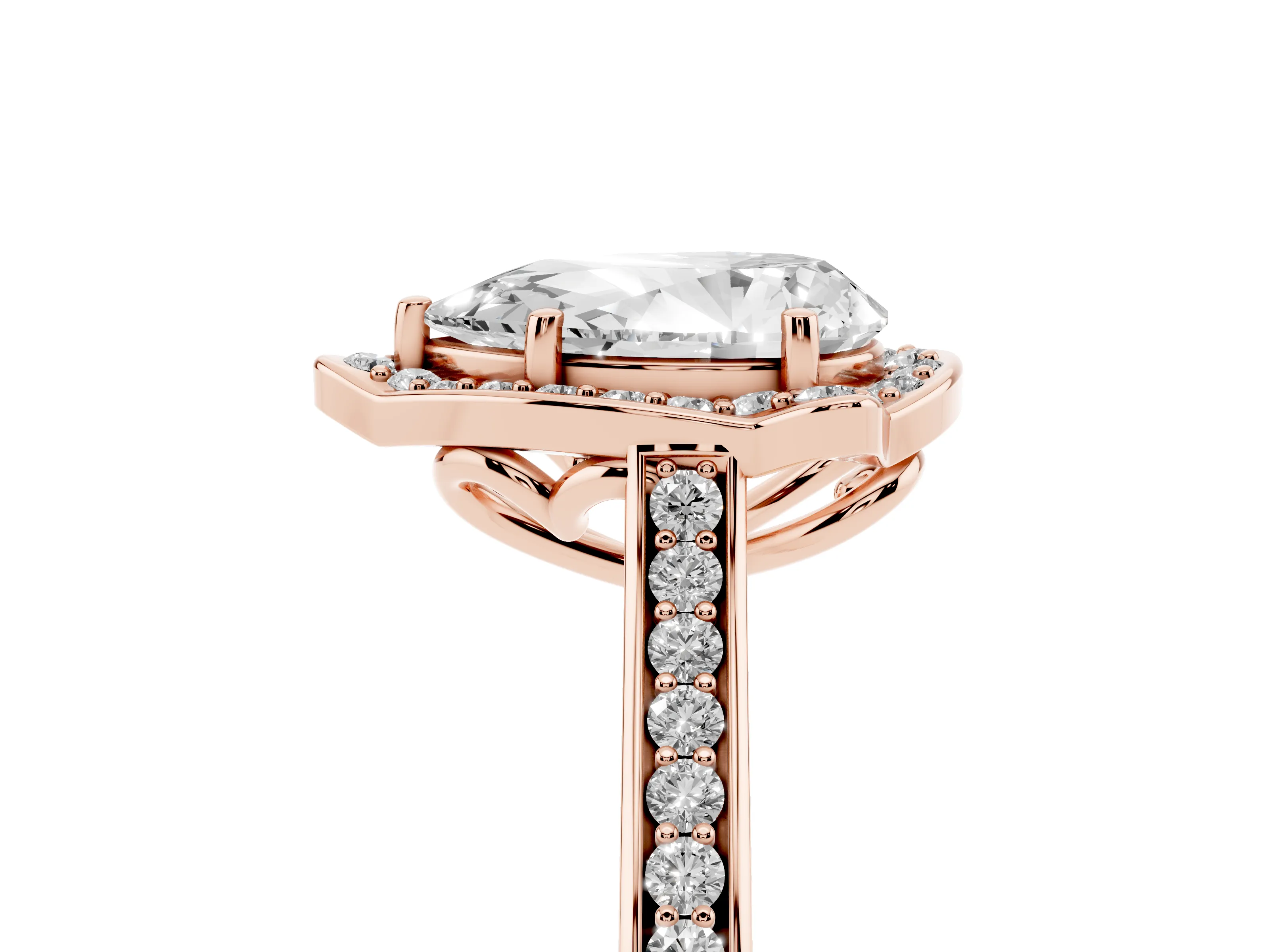 Pear Cut Diamond Halo Ring Set in Rose gold with Pavé-Lined Shoulders and Prong Setting