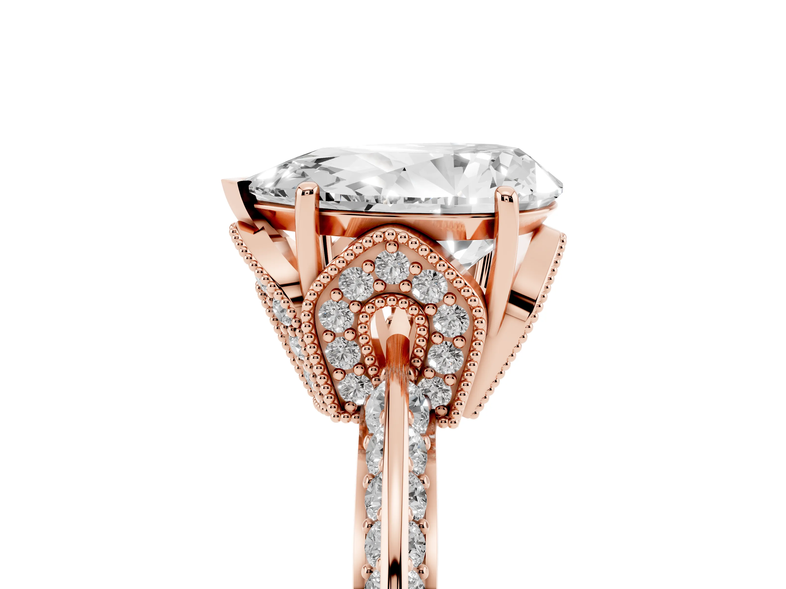 Pear Cut Diamond Solitaire Engagement Ring Set in Rose gold with Pavé Split Shank and Prong Setting