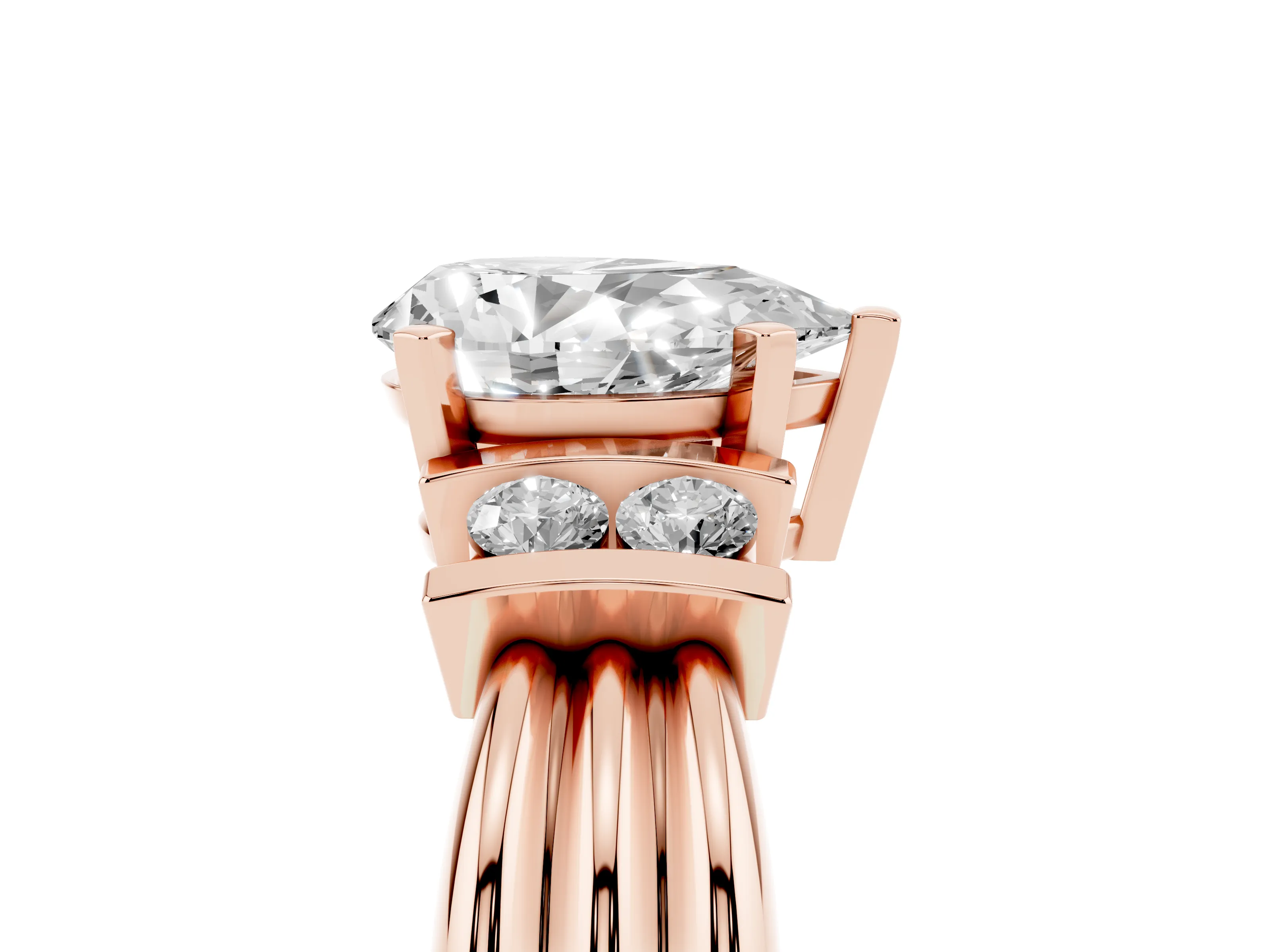 Three-Stone Pear Cut Diamond Channel Set Ring Set in Rose gold with Bar Prongs