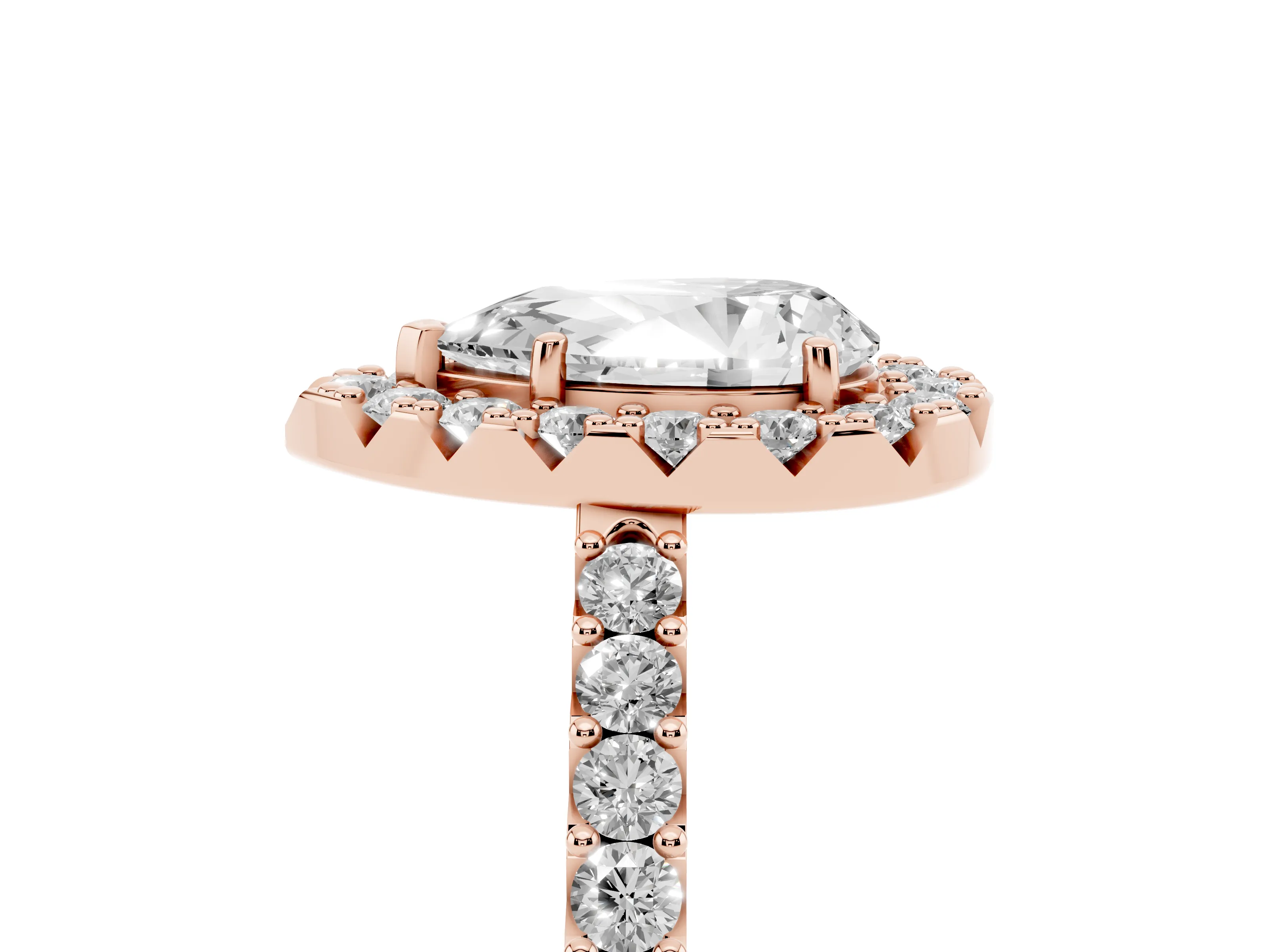 Pear Cut Diamond Halo Pavé Solitaire Ring Set in Rose gold with Prong-Set Center Stone