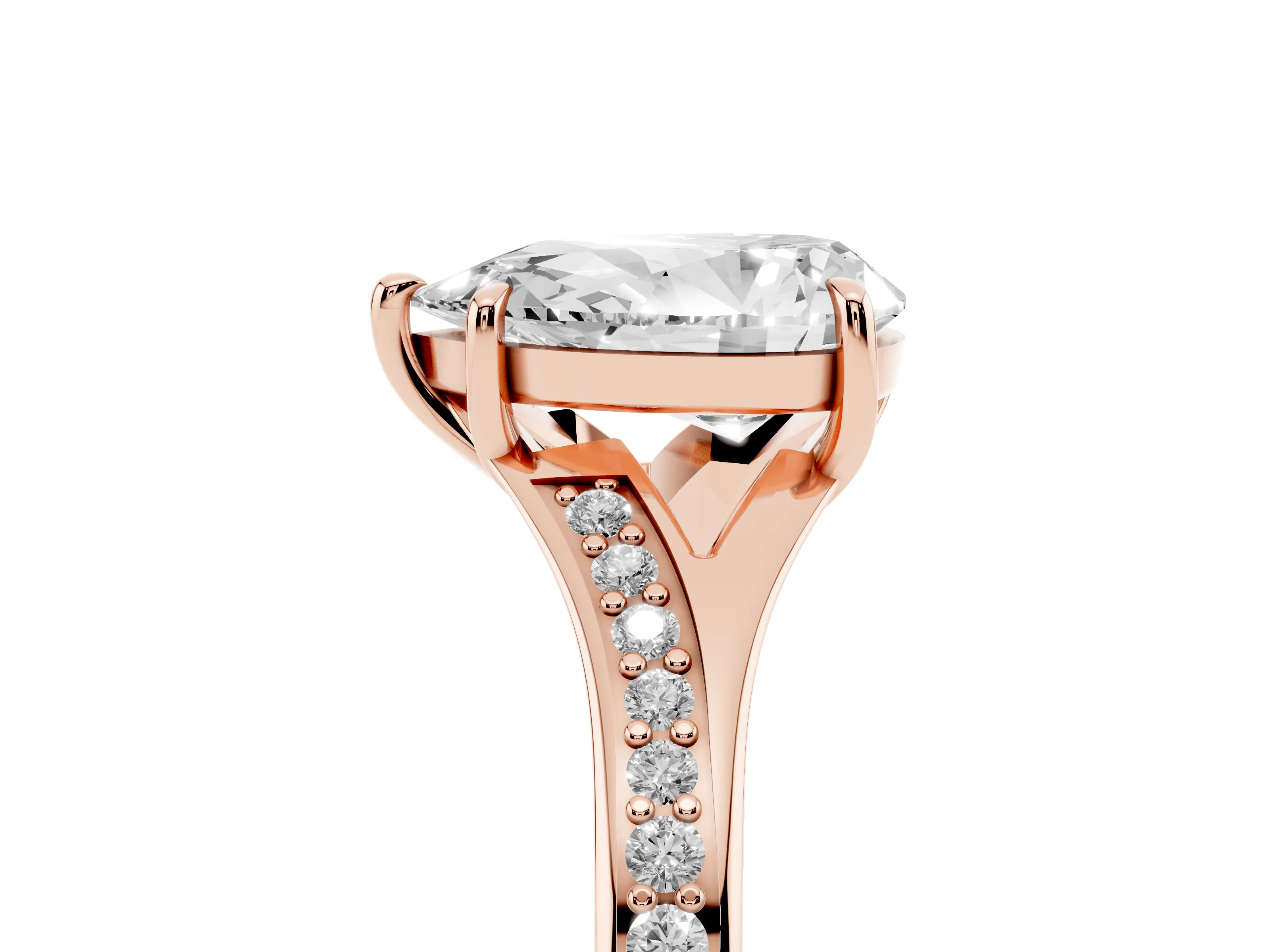 Pear Cut Diamond Solitaire Ring Set in Rose gold with Pavé Accent Band and Classic Prong Setting