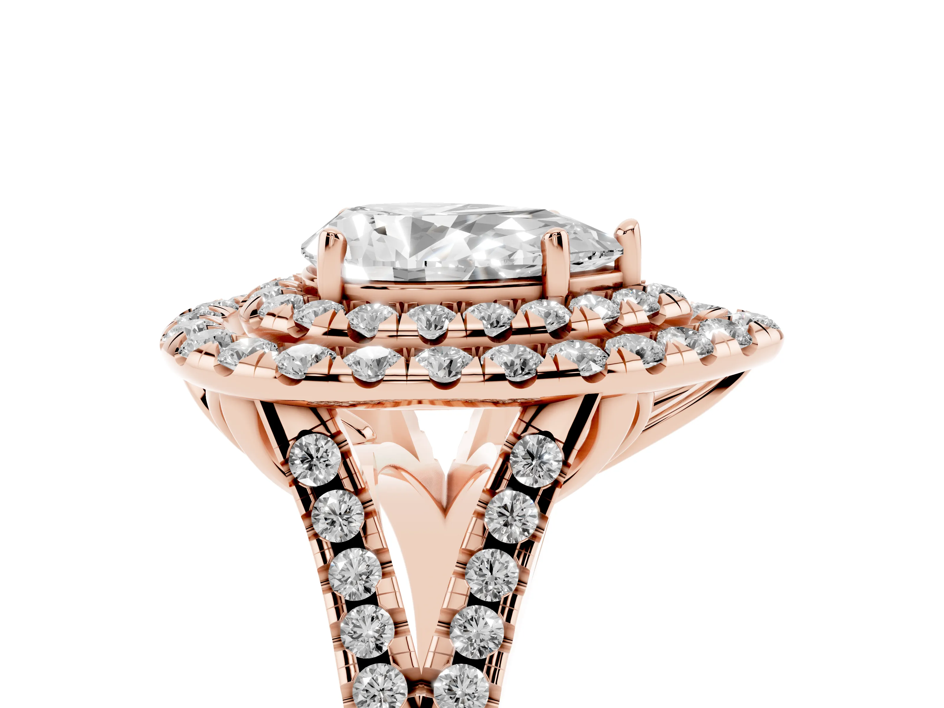 Pear Cut Diamond Double Halo Ring Set in Rose gold with Pavé Split Shank and Prong Setting