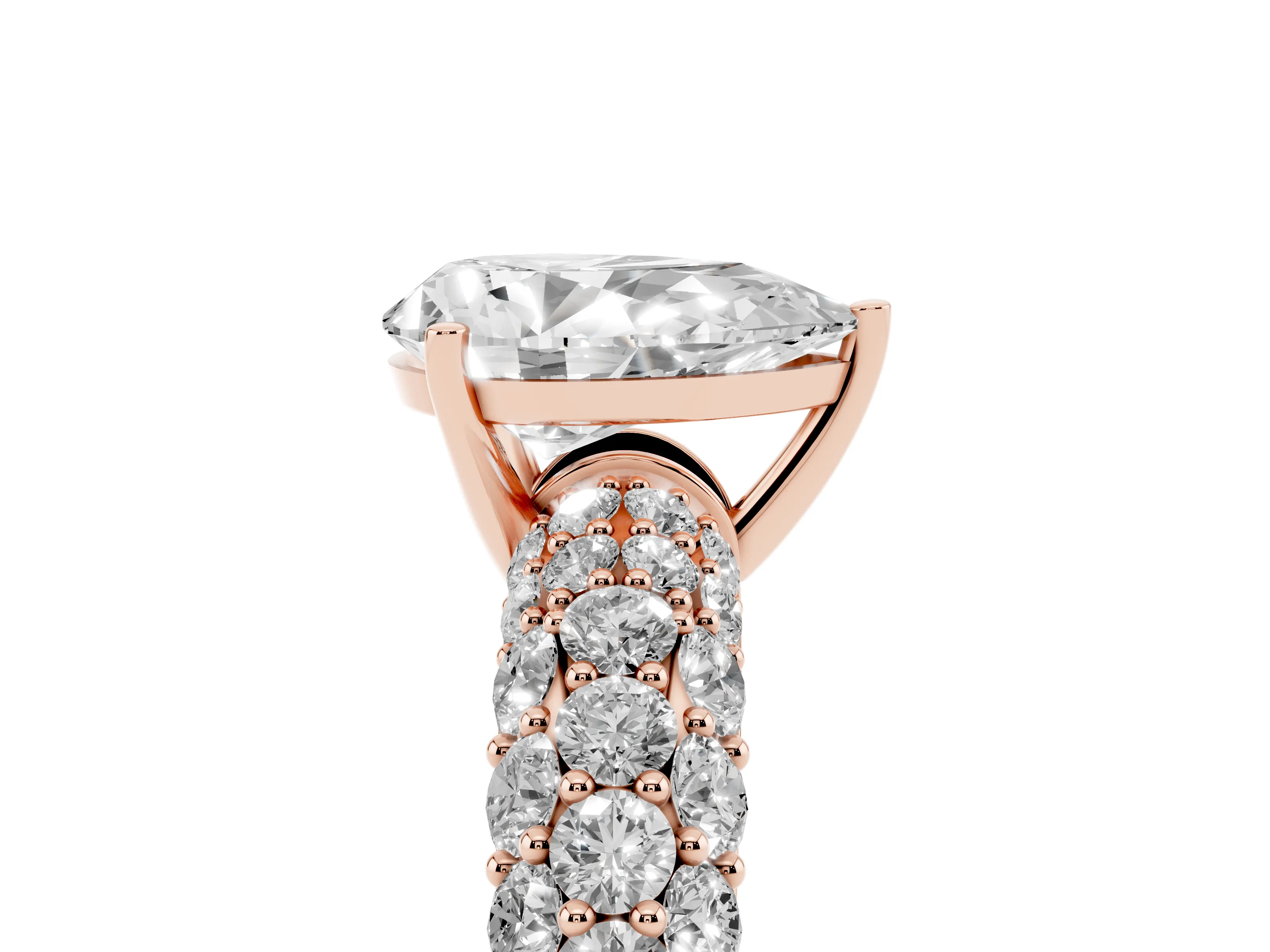 Pear Cut Diamond Pavé Band Solitaire Ring Set in Rose gold with Close-Set Accent Stones and Prong Setting