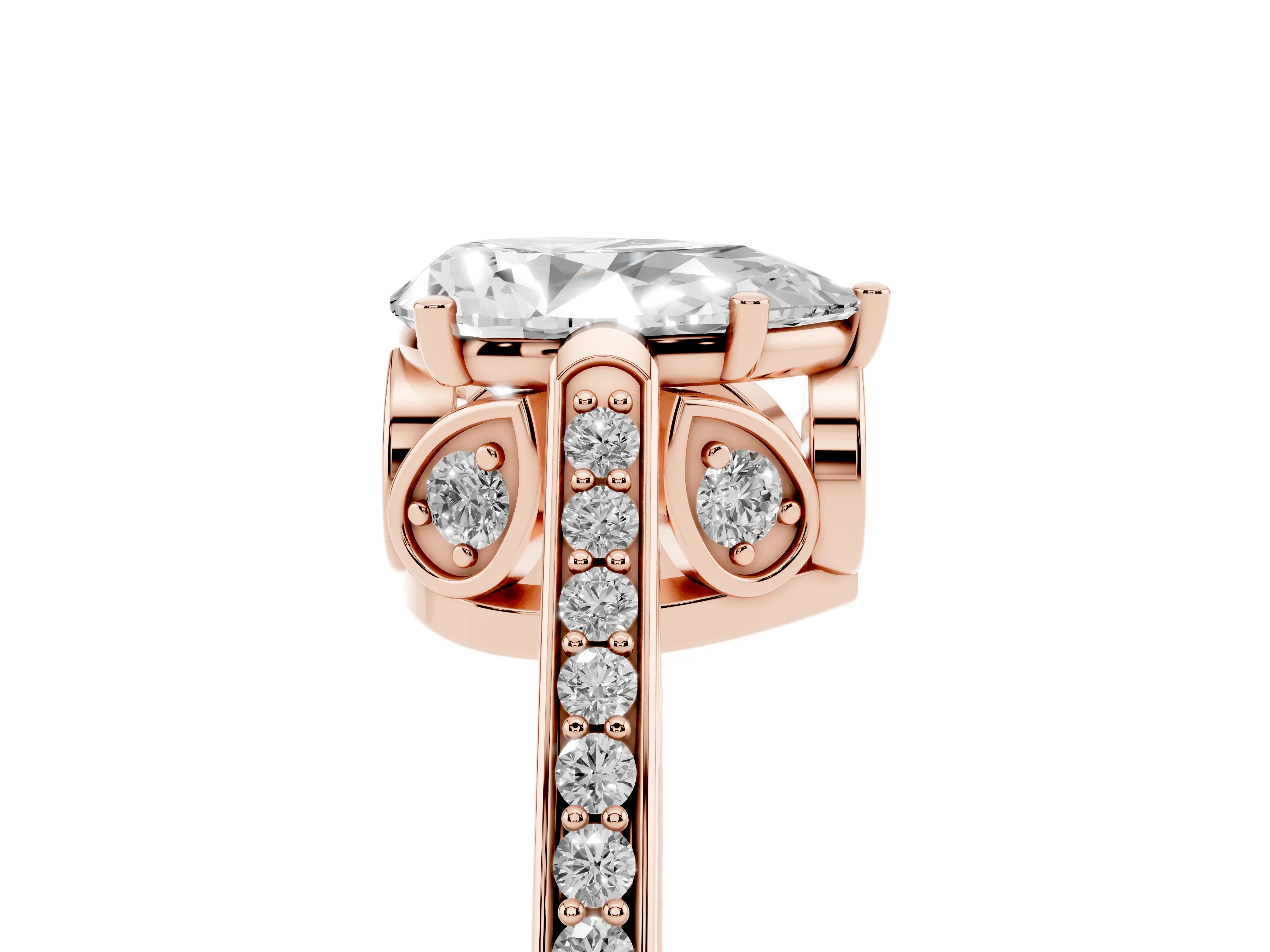 Pear Cut Diamond Cathedral Pavé Engagement Ring Set in Rose gold with Prong Setting