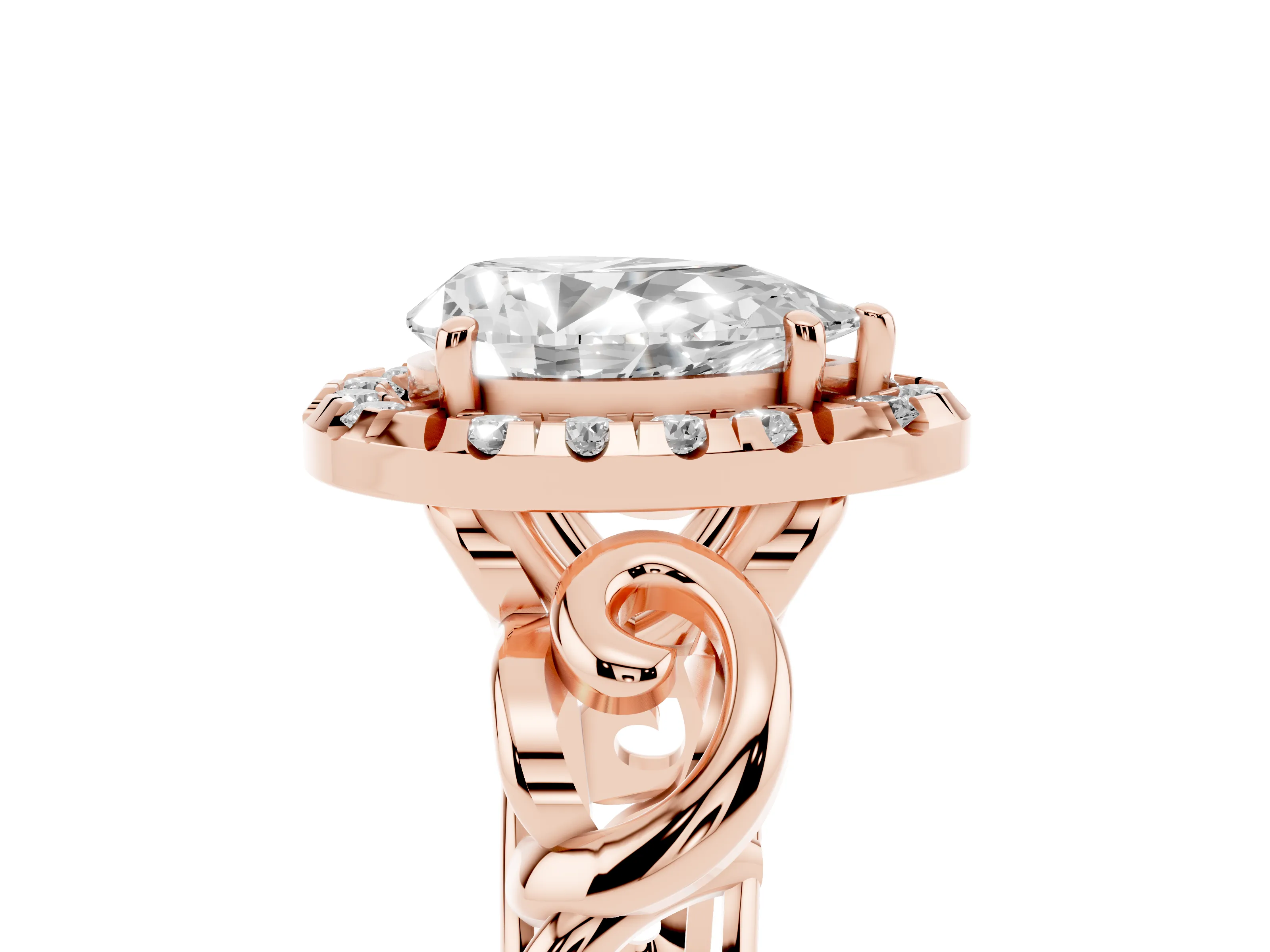Pear Cut Diamond Halo Ring Set in Rose gold with Scrollwork Band and Prong Setting