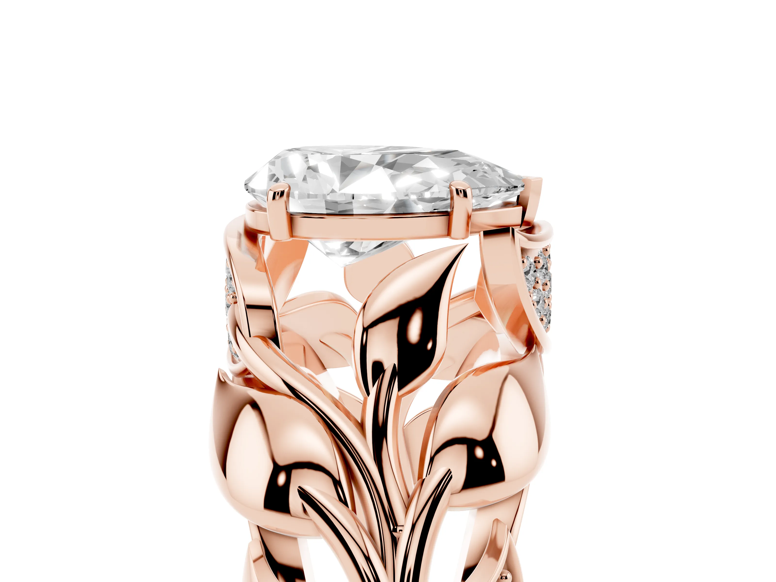 Pear Cut Diamond Leaf-Inspired Engagement Ring Set in Rose gold with Round Accents