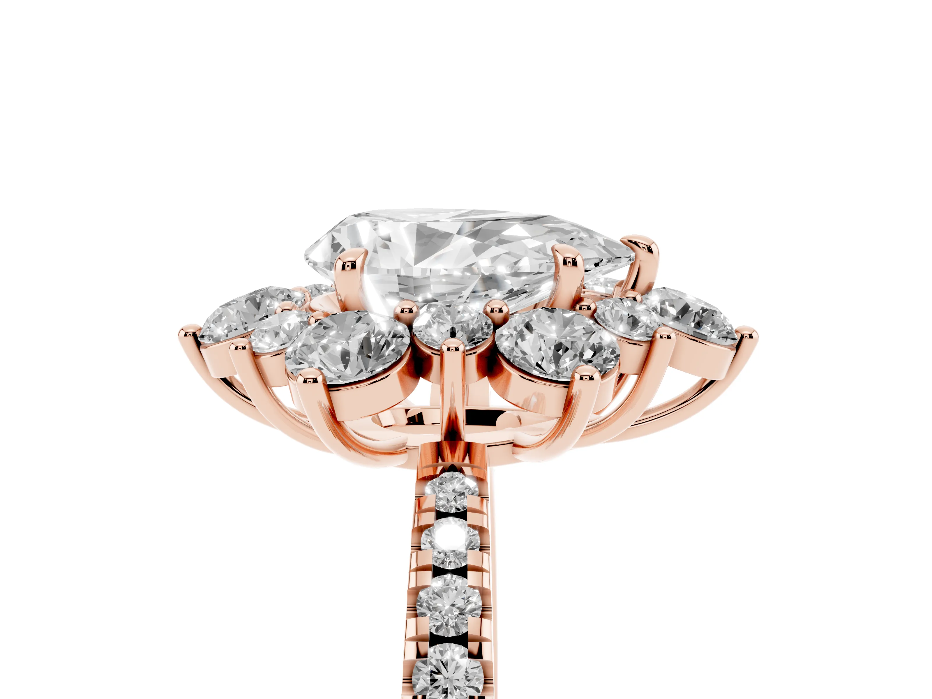 Pear Cut Diamond Floral Halo Ring Set in Rose gold with Round Pavé Band and Prong Setting