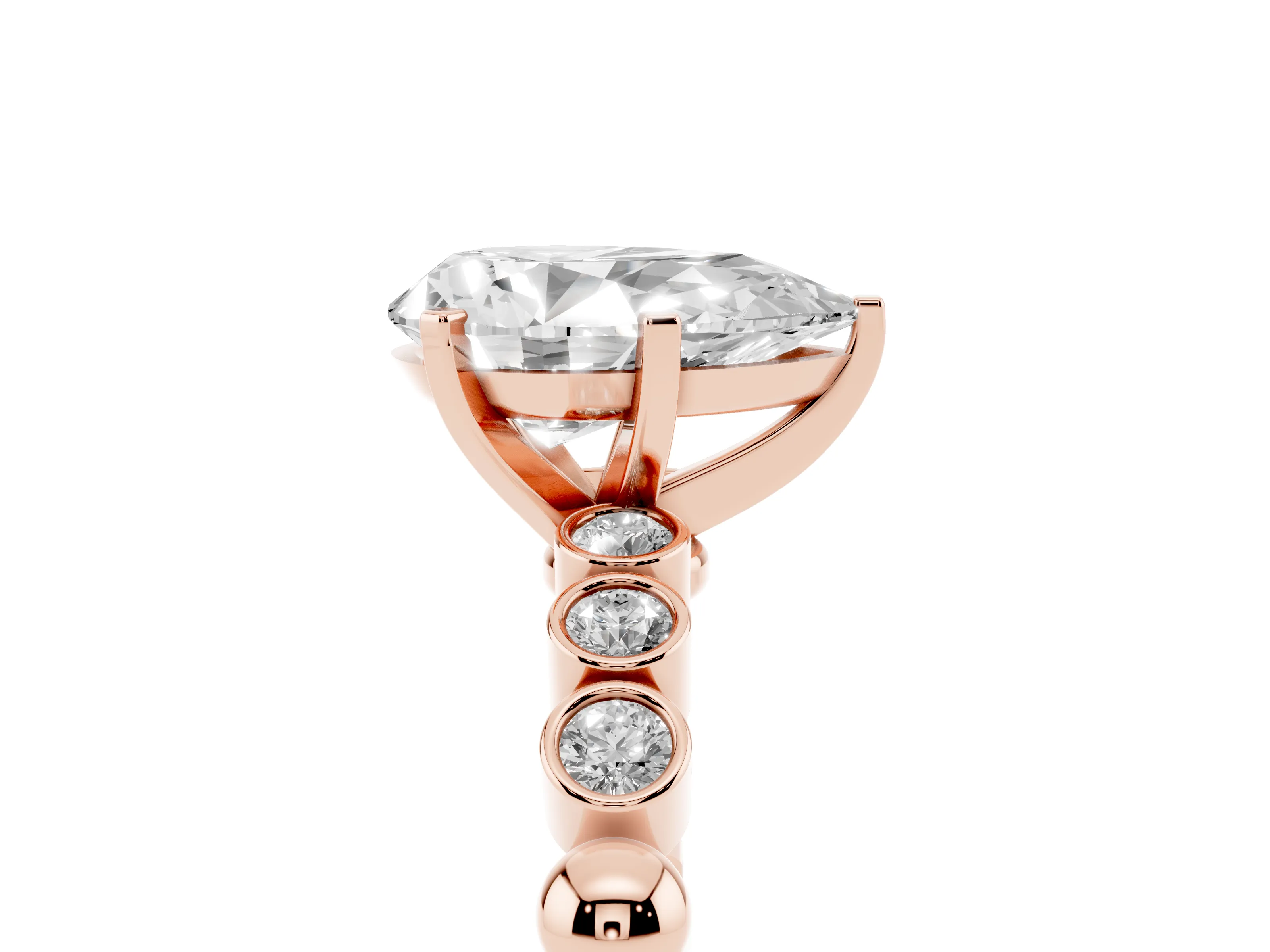 Pear Cut Diamond Solitaire Engagement Ring Set in Rose gold with Bezel Accents on Beaded Band