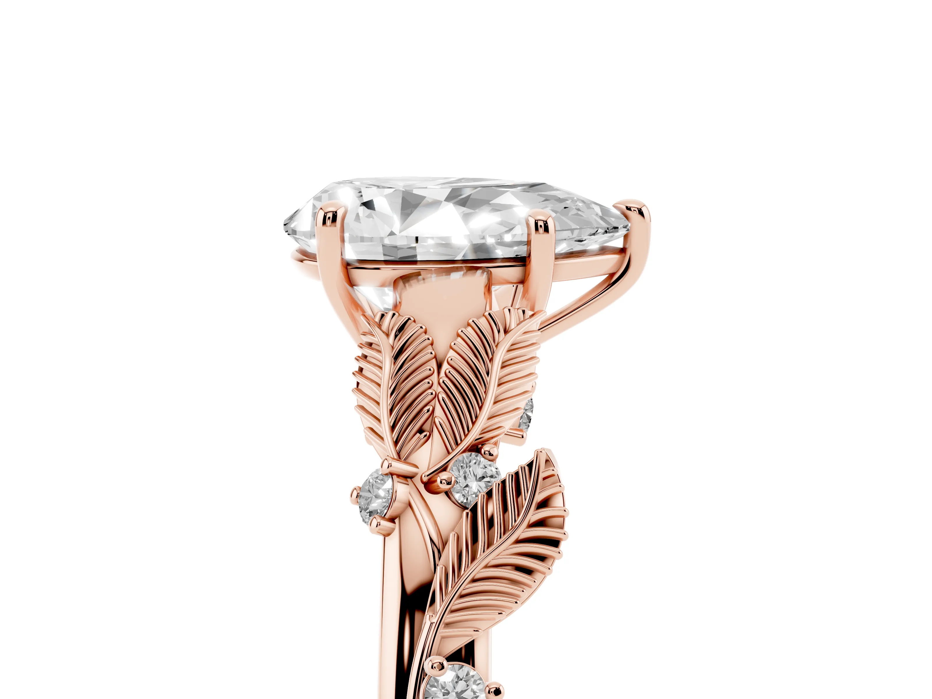 Pear Cut Diamond Solitaire Ring Set in Rose gold with Leaf Motif Band
