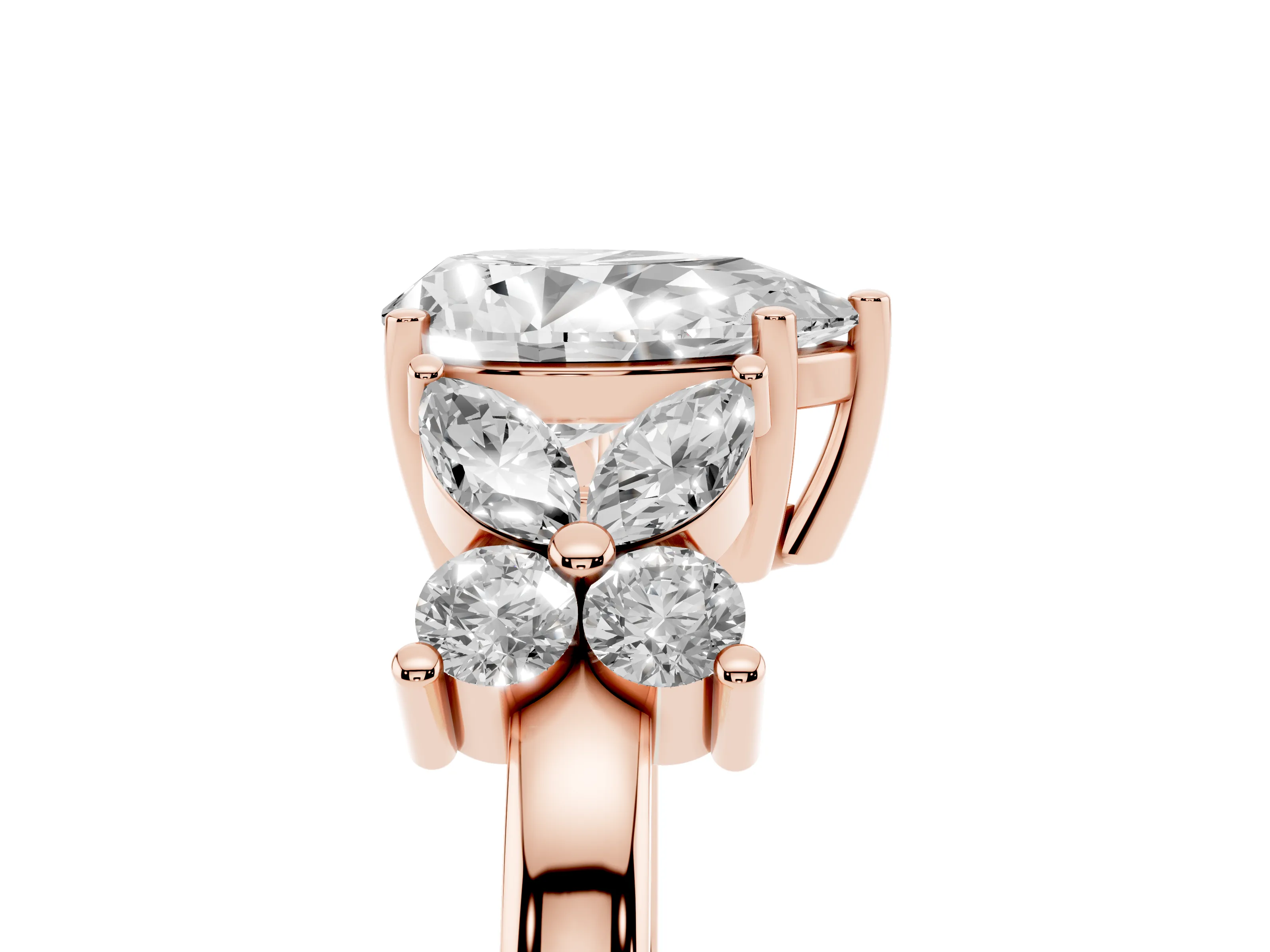 Pear Cut Diamond Floral Cluster Ring Set in Rose gold with Marquise Petals and Prong Setting