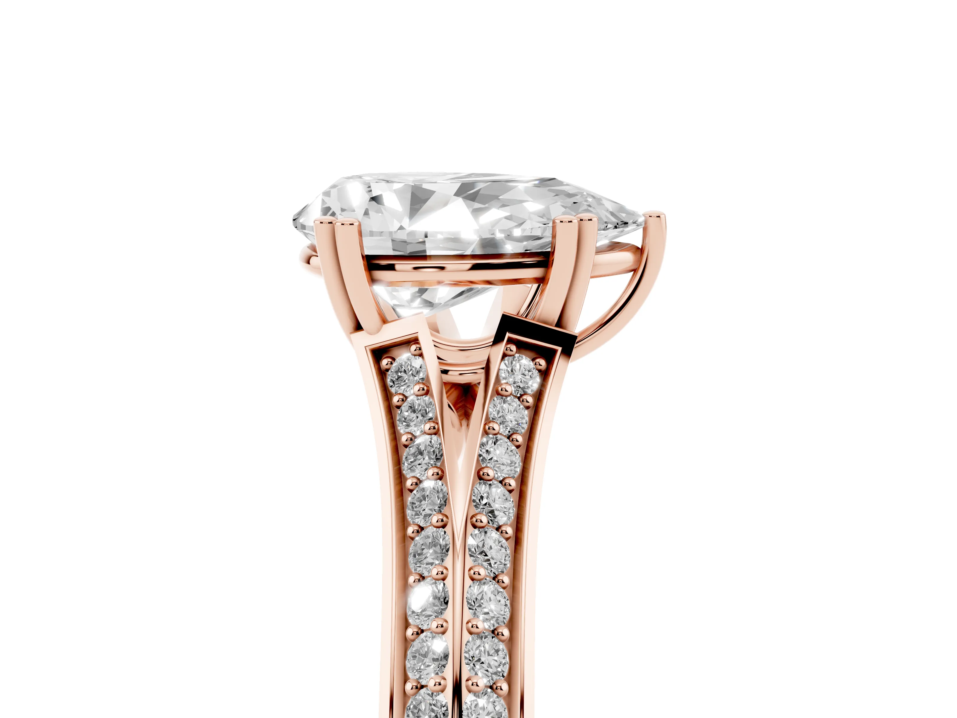 Pear Cut Diamond Split Shank Pavé Engagement Ring Set in Rose gold with Prong-Set Center Stone