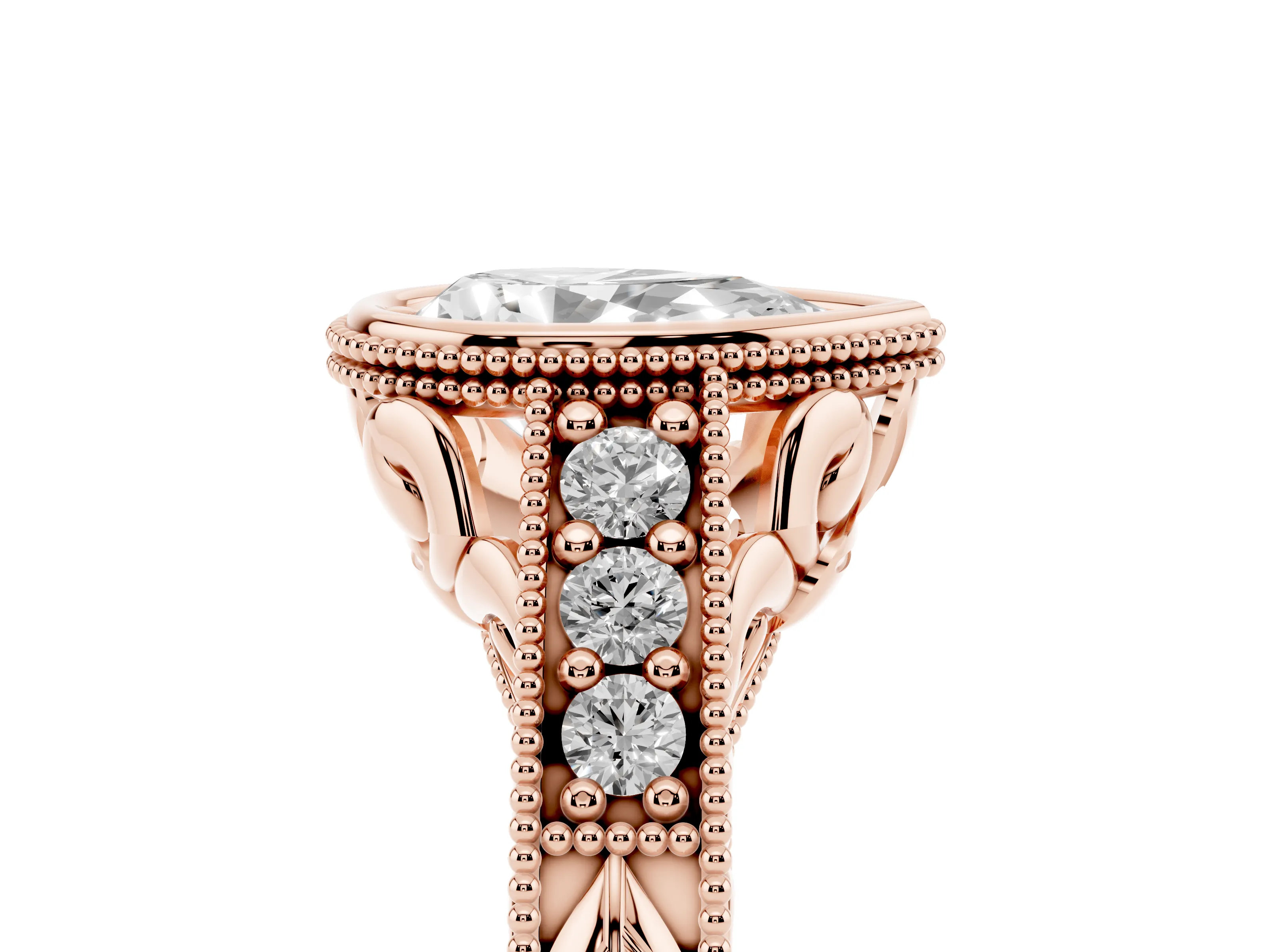 Bezel Set Pear Cut Diamond Milgrain Pavé Engagement Ring Set in Rose gold