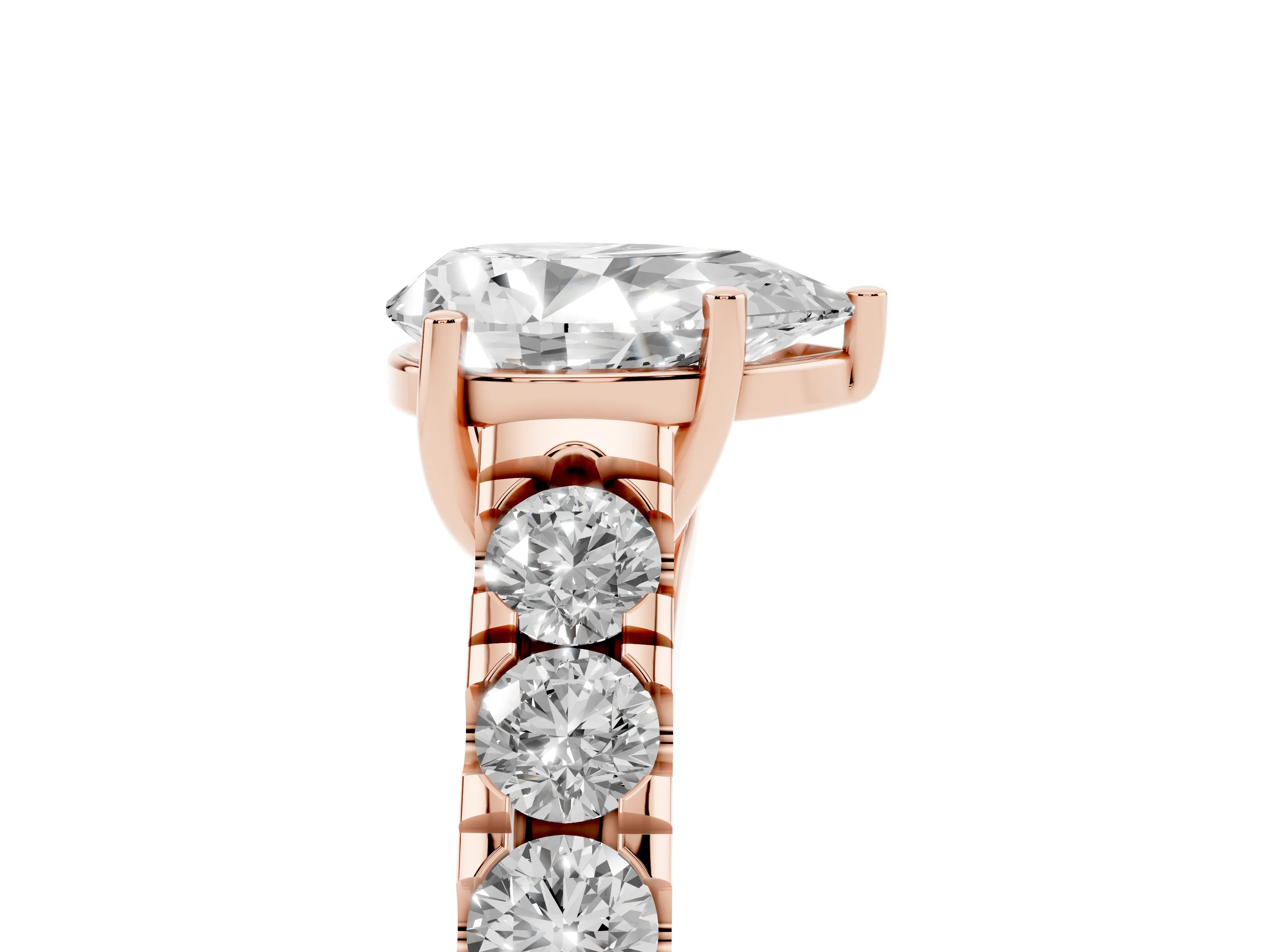 Pear Cut Diamond Solitaire Ring Set in Rose gold with Cut-Down Micro Pavé Band and Prong Setting
