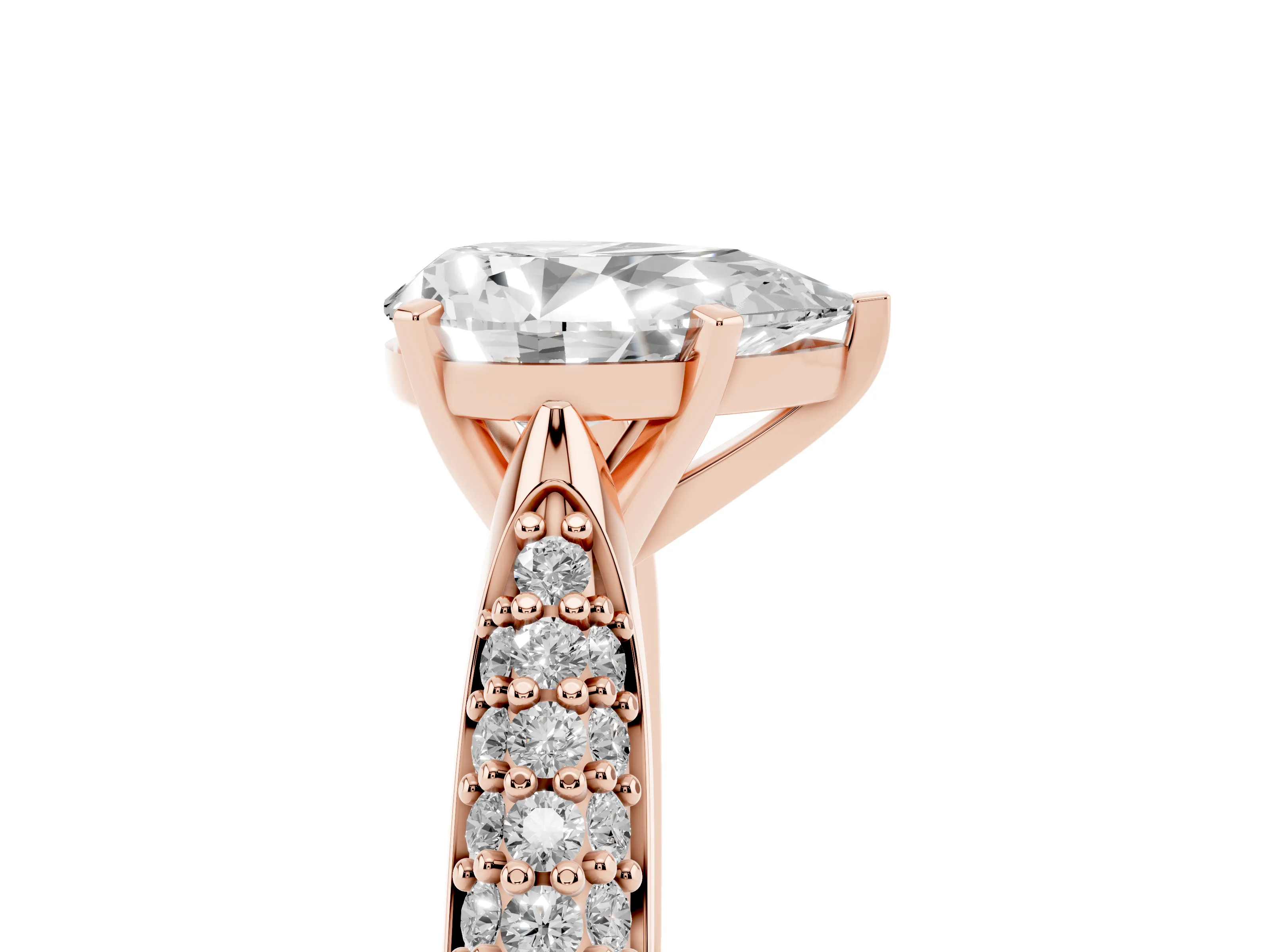 Pear Cut Diamond Solitaire Engagement Ring Set in Rose gold with Multi-Row Round Pavé Band and Prong Setting