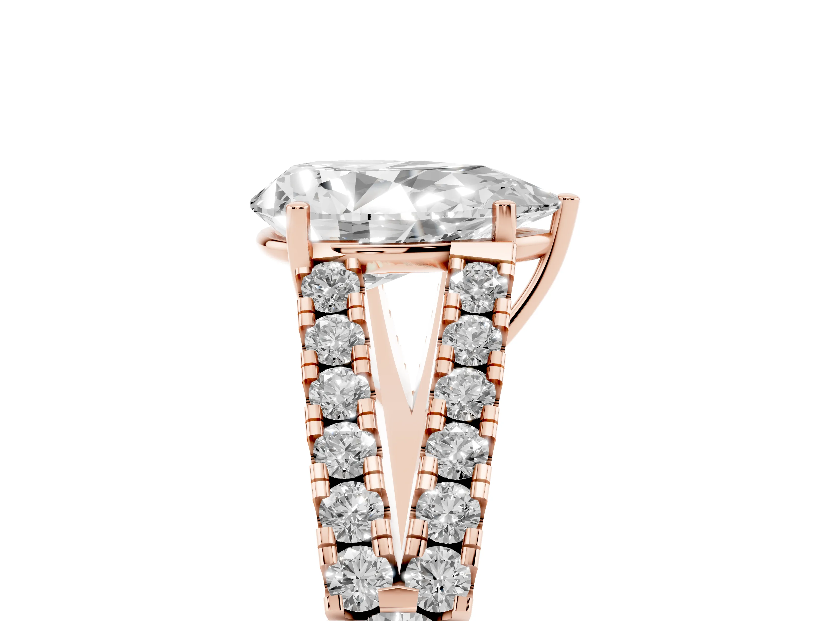 Pear Cut Diamond Split Shank Pavé Engagement Ring Set in Rose gold with Prong-Held Center Stone