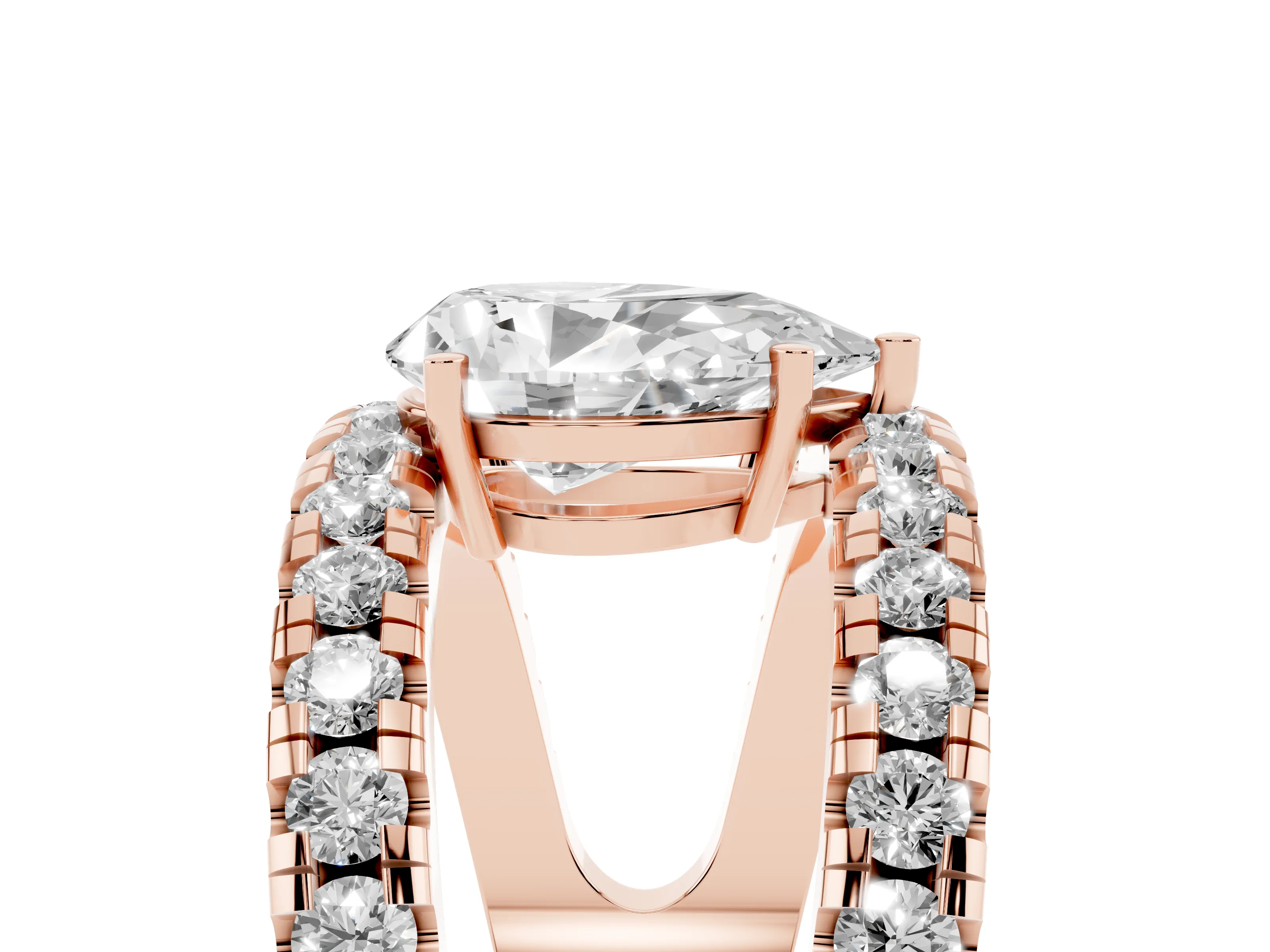 Pear Cut Diamond Split Shank Pavé Solitaire Ring Set in Rose gold with Open Shank Design
