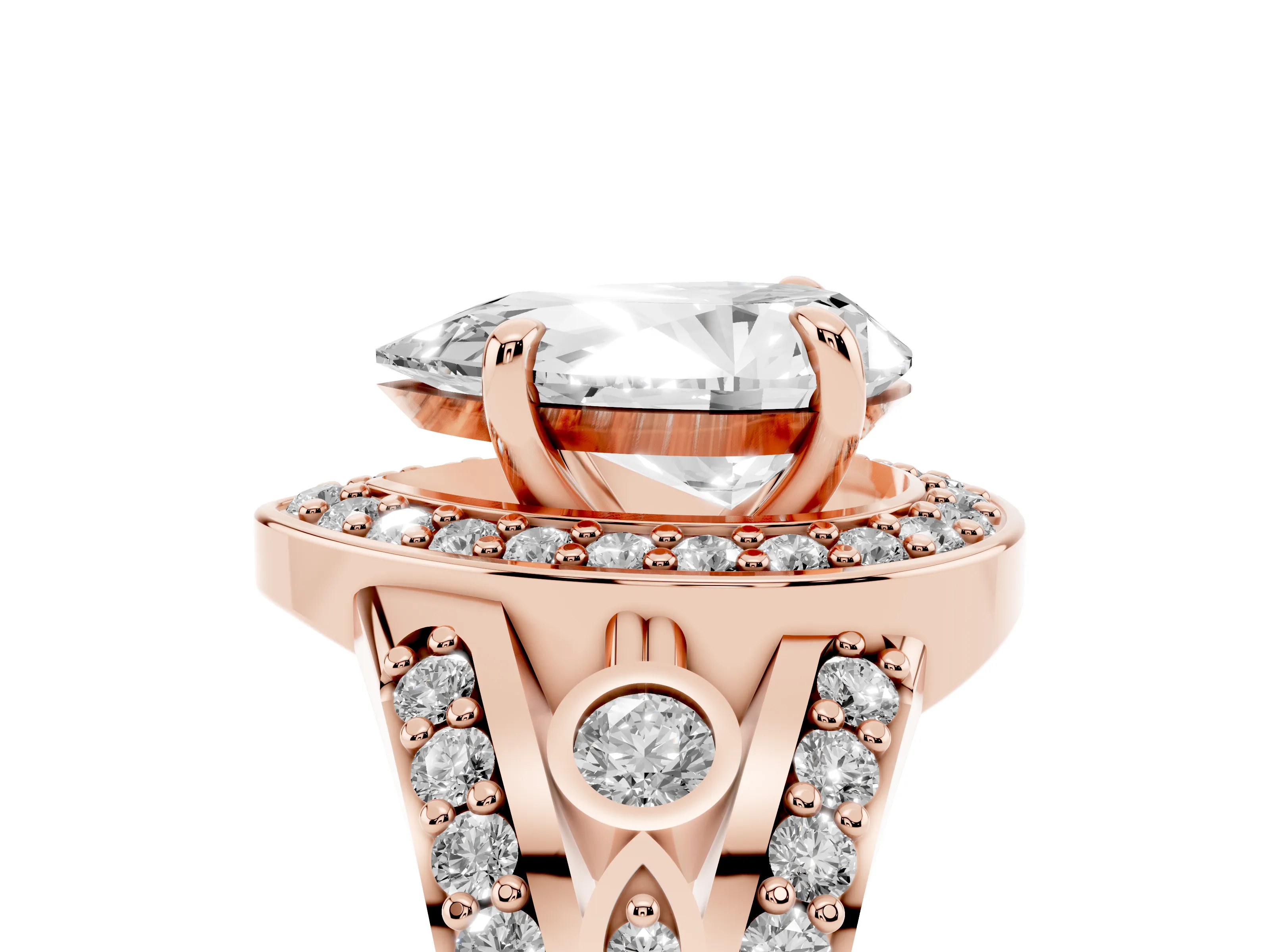 Pear Cut Diamond Halo Ring Set in Rose gold with Pavé Split Shank and Bezel Accents
