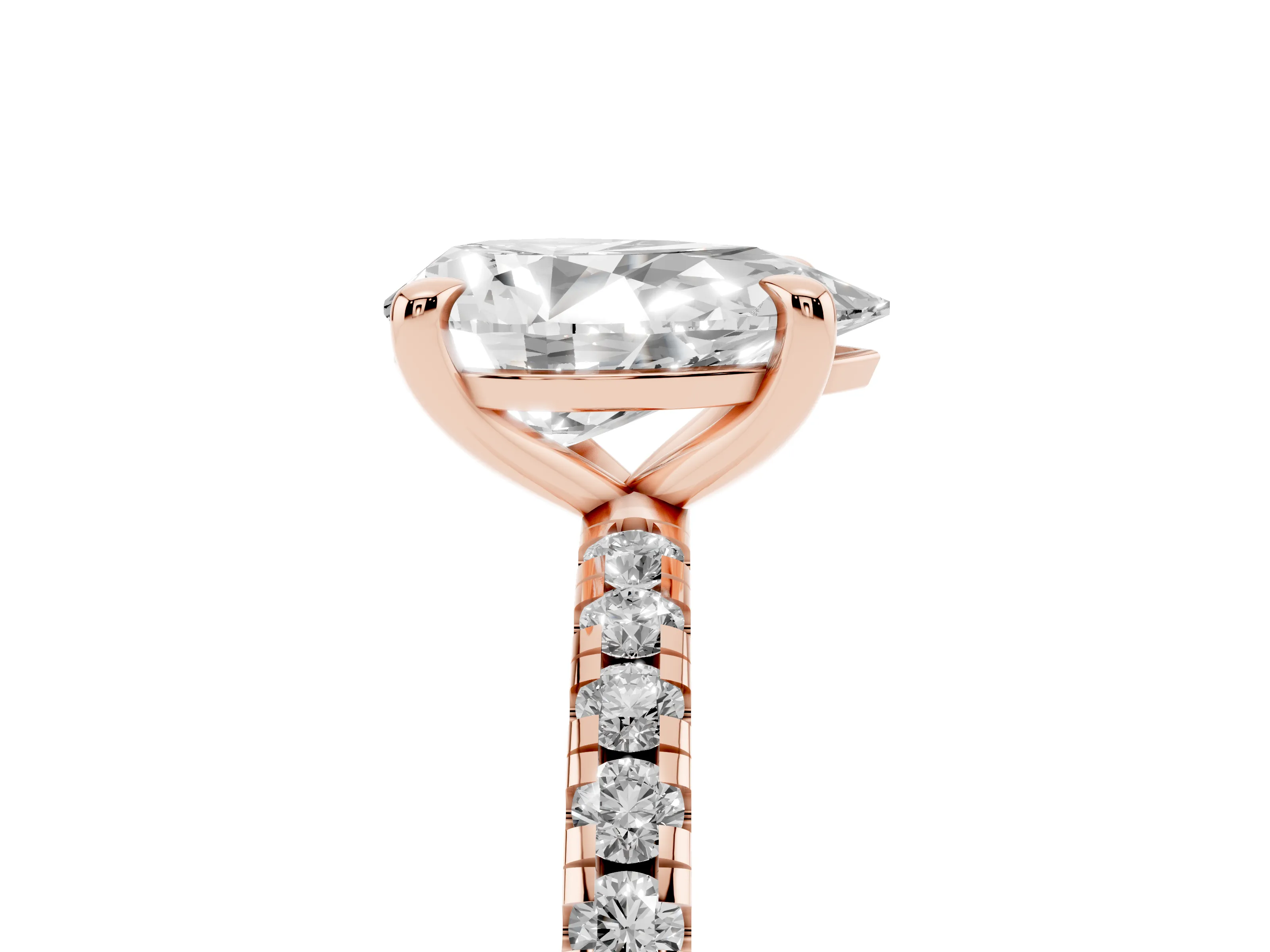 Pear Cut Diamond Brilliant Solitaire Ring Set in Rose gold with Pavé Band and Prong Setting