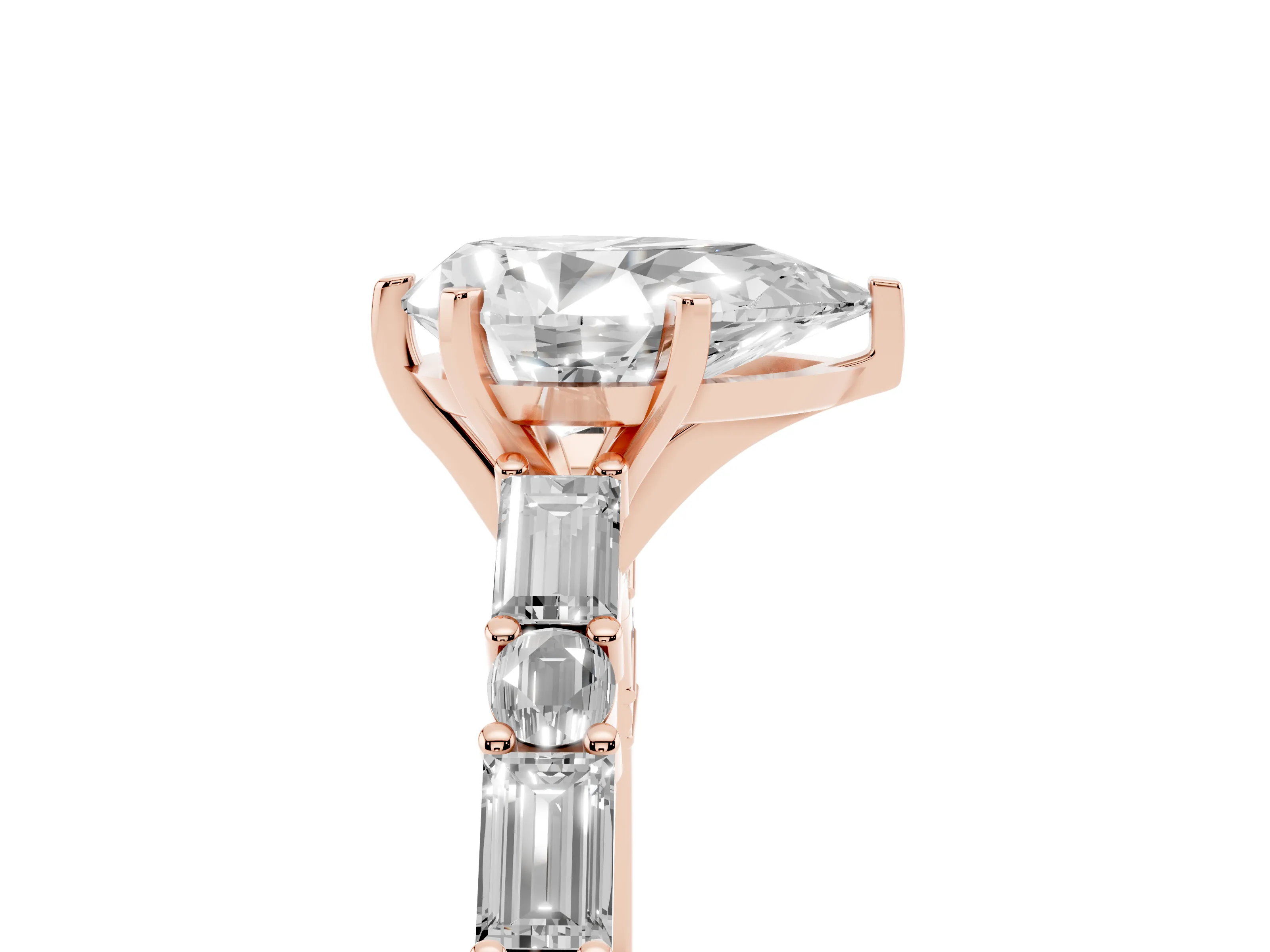 Pear Cut Diamond Solitaire Set in Rose gold with Side Baguettes and Channel Set Band