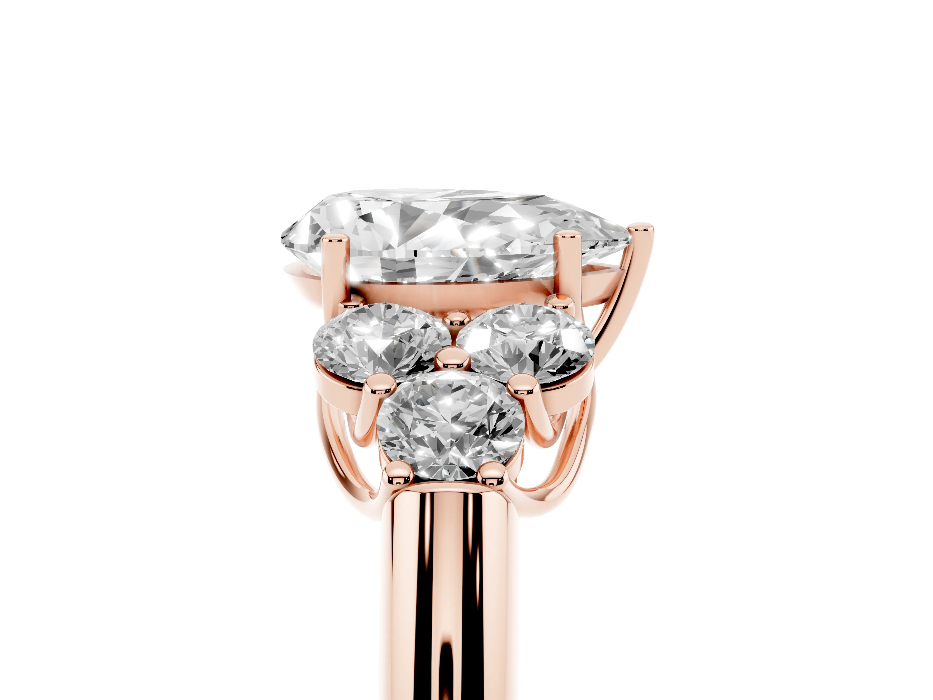 Pear Cut Diamond Cluster Ring Set in Rose gold with Round Accent Stones and Prong Setting on a Plain Band
