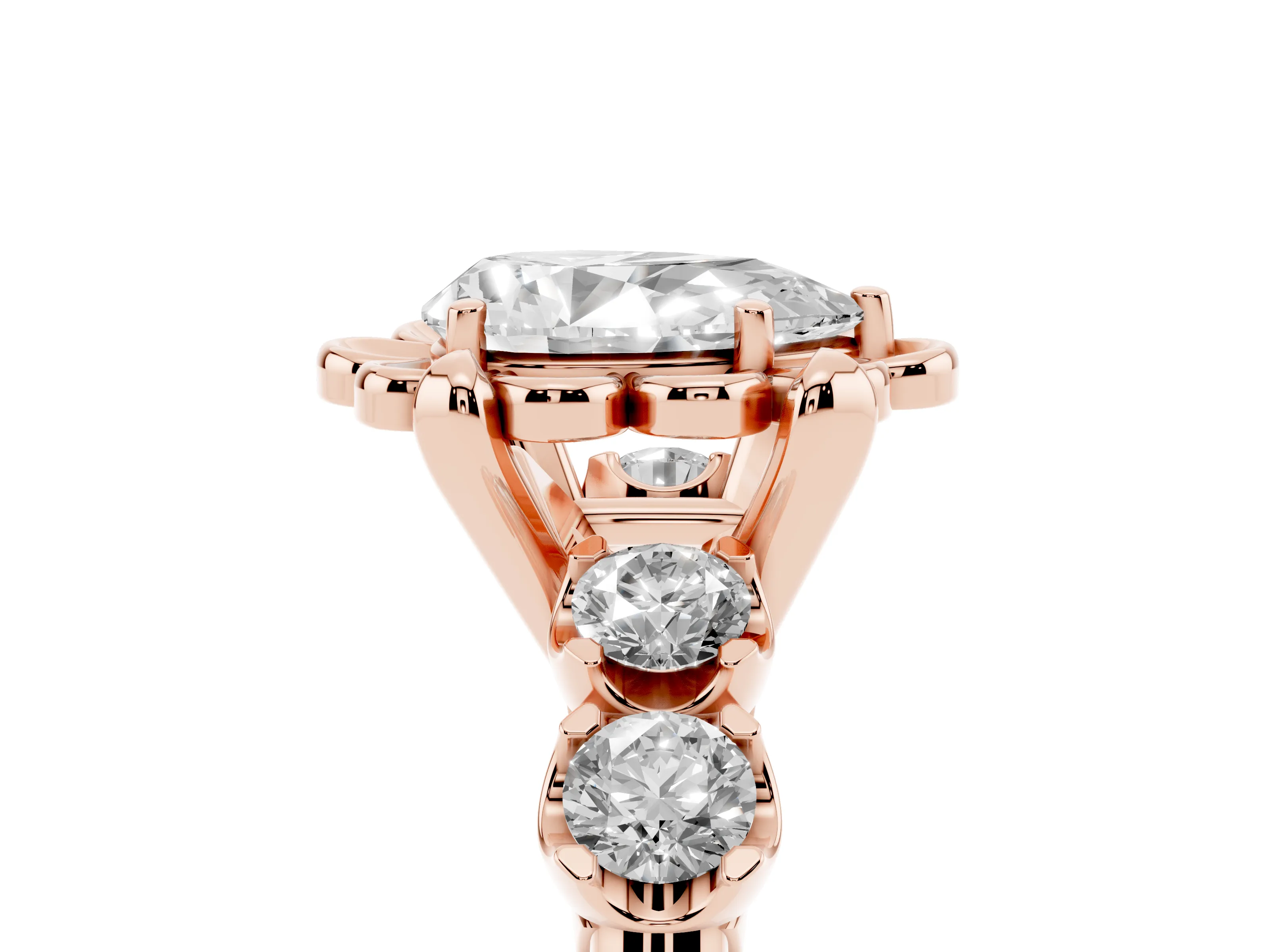 Pear Cut Diamond Floral Halo Ring Set in Rose gold with Shared Prong Band