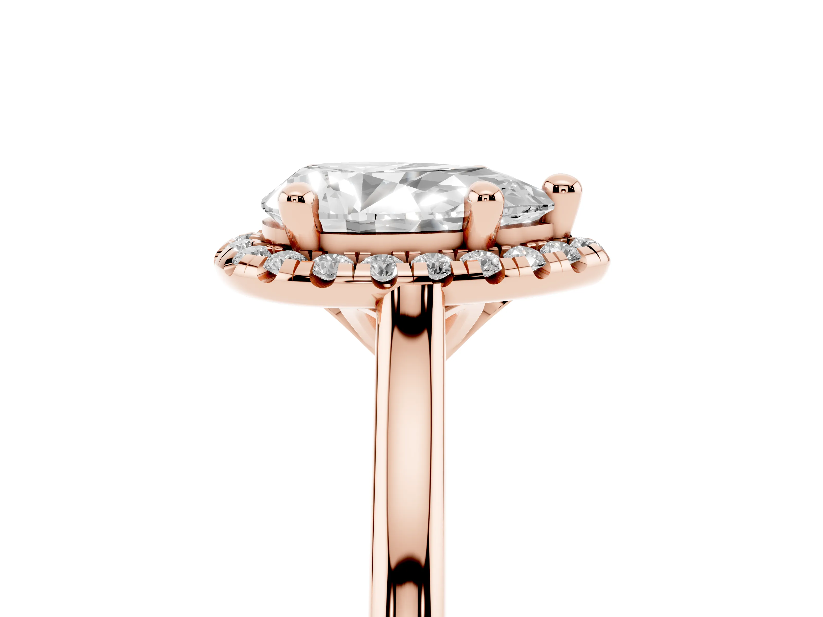 Pear Cut Diamond Halo Engagement Ring Set in Rose gold with Pavé Band and Rising Shoulders
