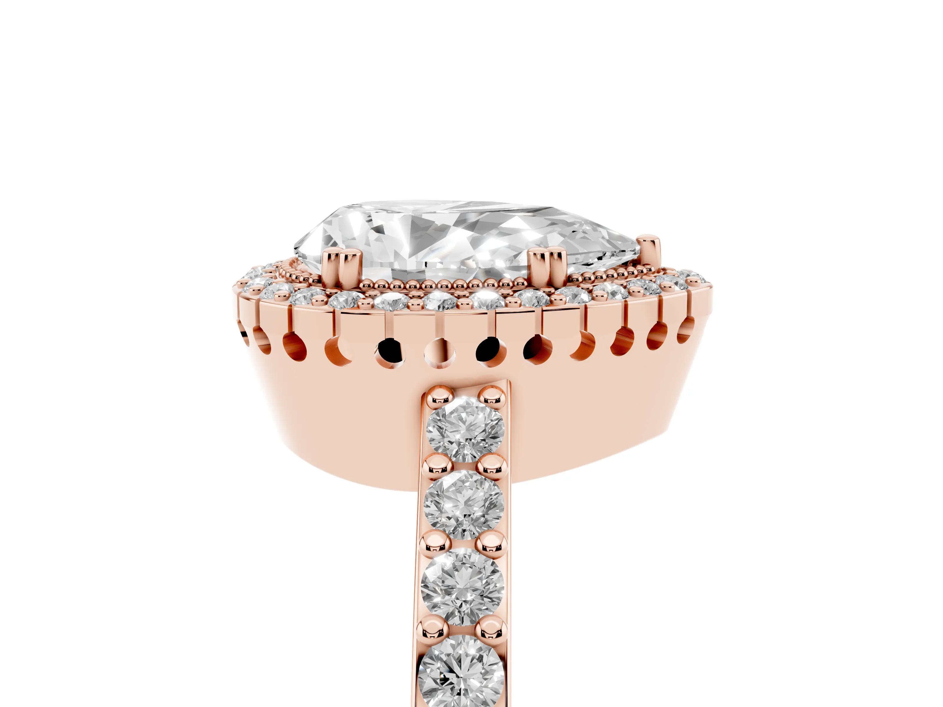 Pear Cut Diamond Halo Engagement Ring Set in Rose gold with Milgrain Detail and Pavé Band