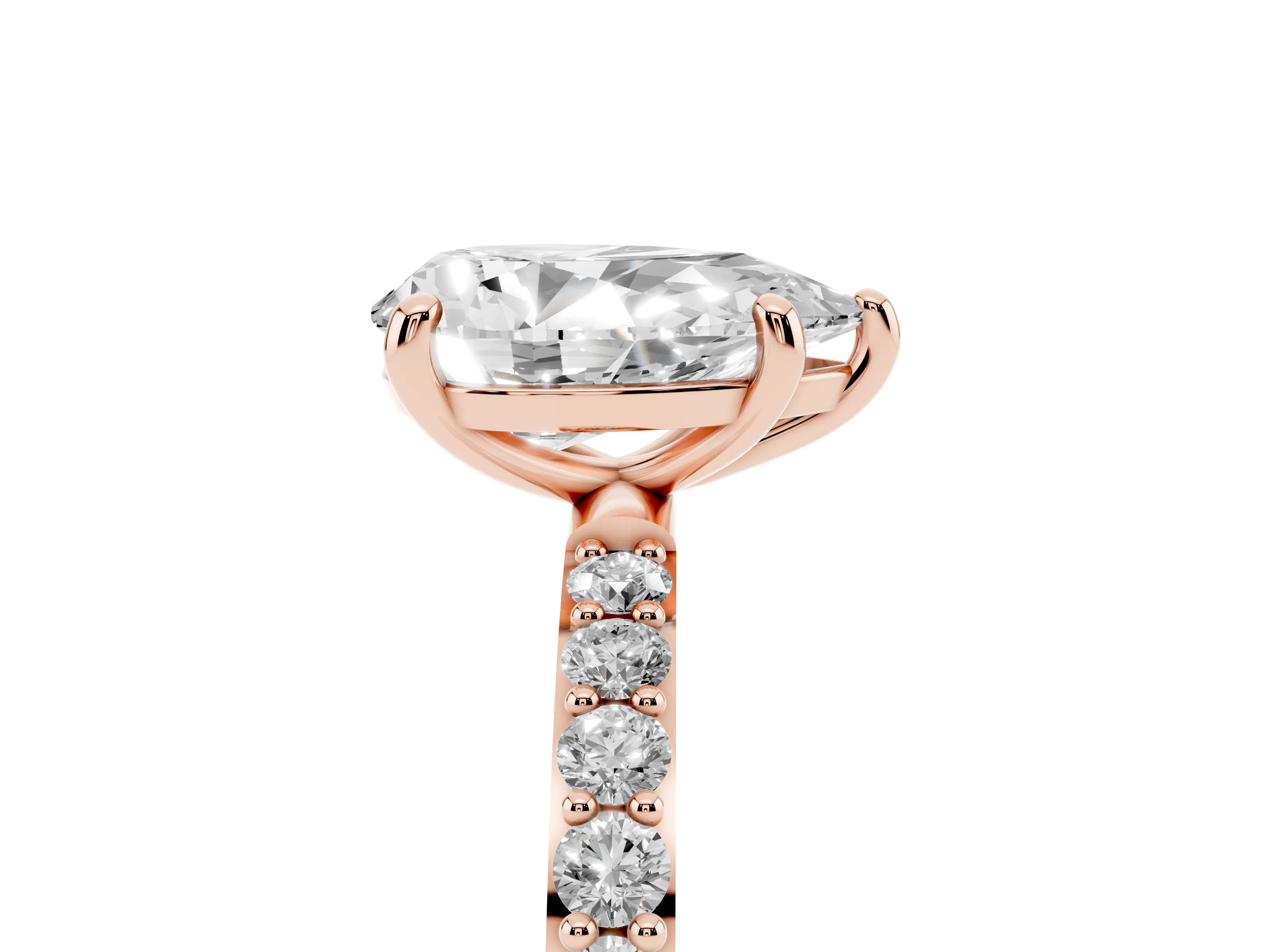 8 Carat Pear Cut Solitaire Ring Set in Rose gold with Round Pavé Band and Prong Setting