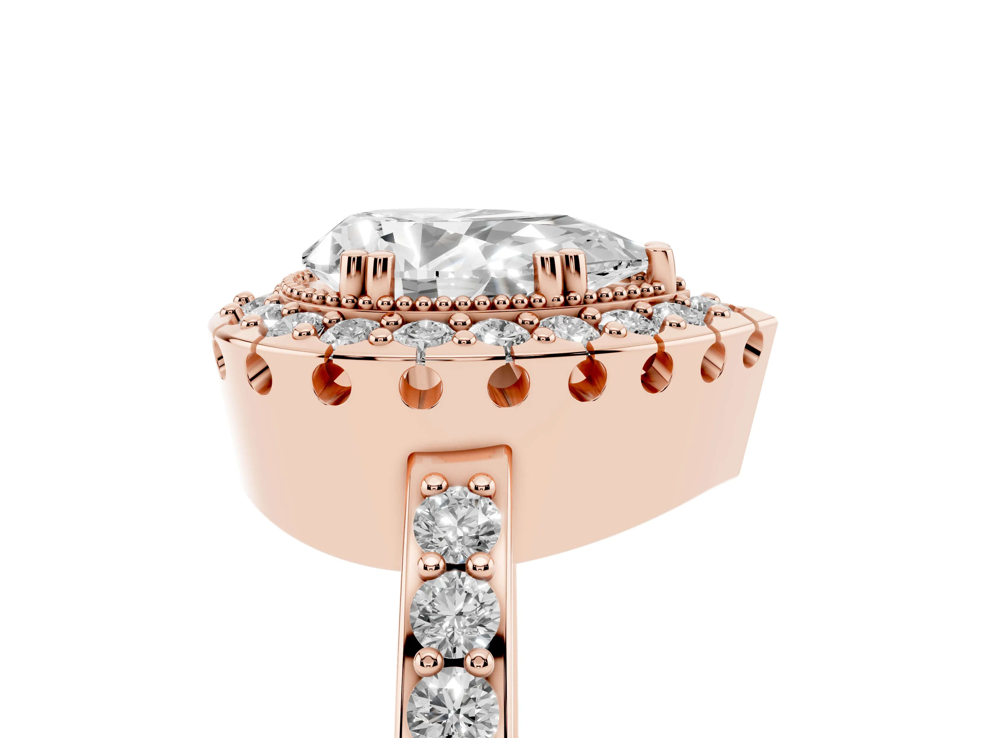 Pear Cut Diamond Halo Ring Set in Rose gold with Pavé Shank and Prong Setting