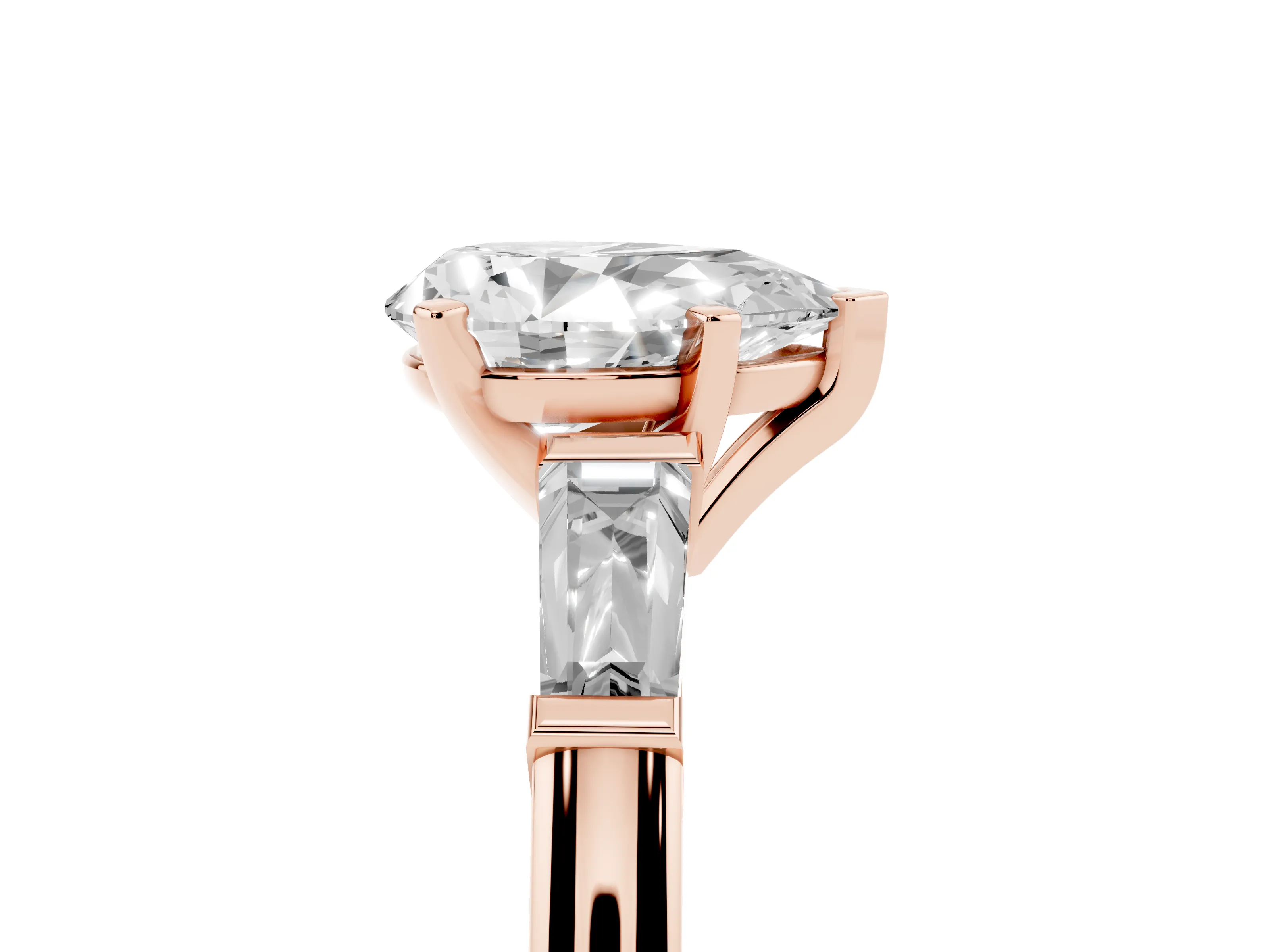 Pear Cut Diamond Solitaire Ring Set in Rose gold with Tapered Baguette Side Stones and Prong Setting