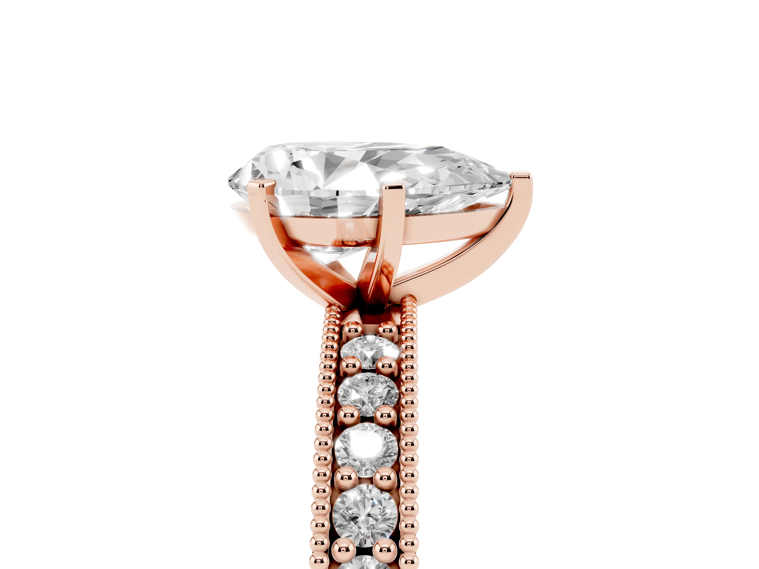 Pear Cut Diamond Milgrain Pavé Engagement Ring Set in Rose gold with Prong Setting