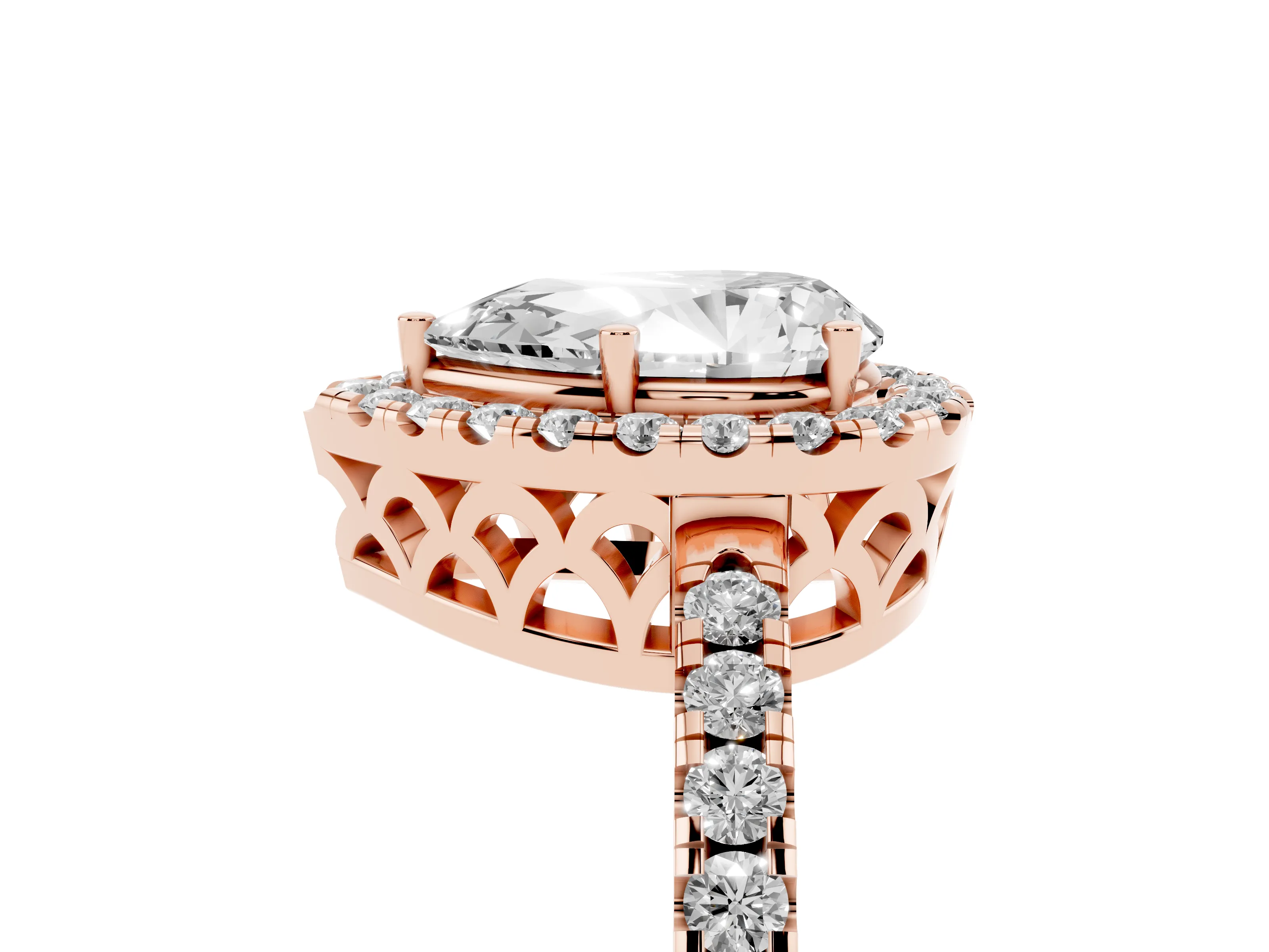 Pear Cut Diamond Pavé Band Halo Engagement Ring Set in Rose gold with Prong Setting