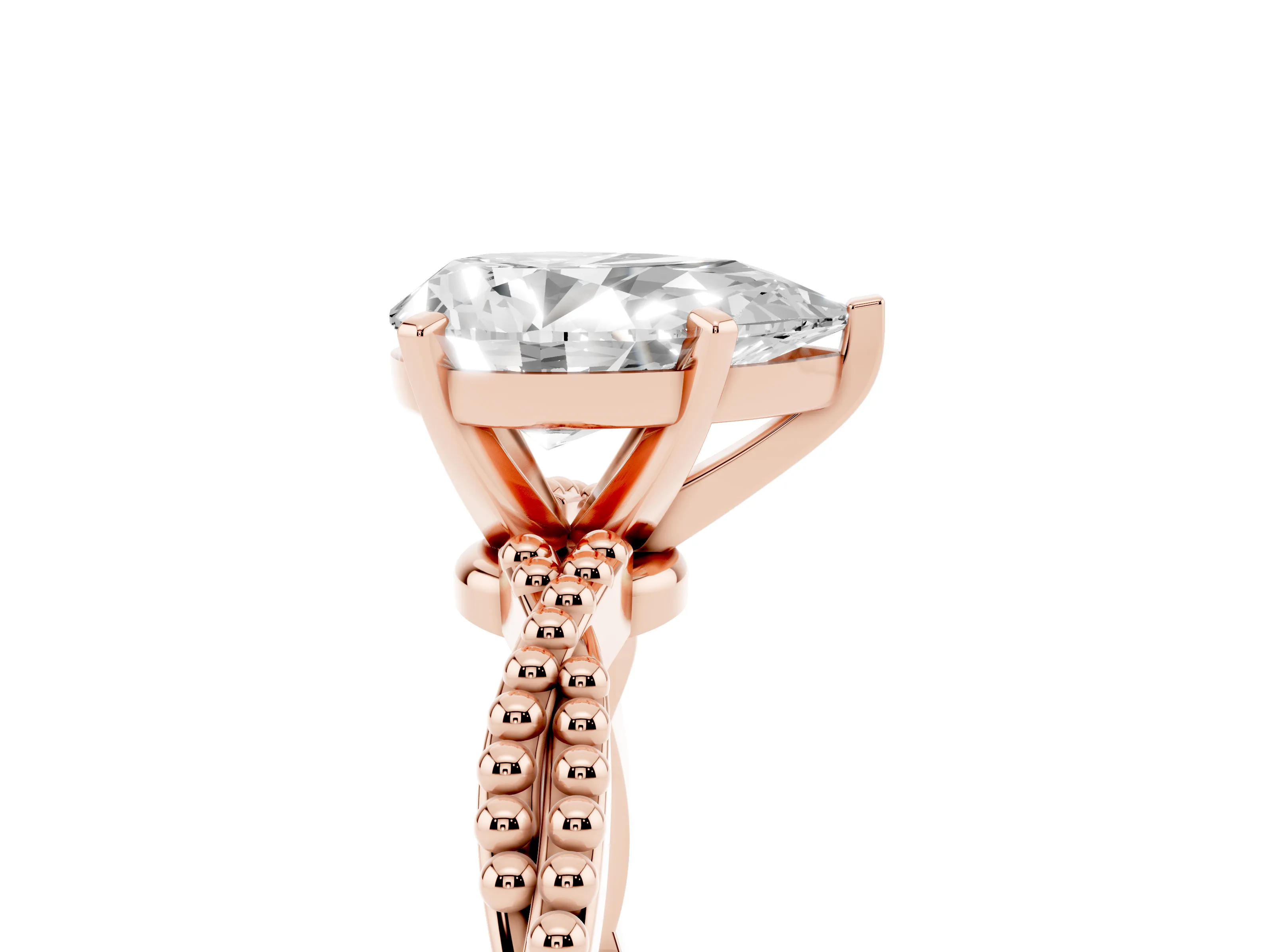 Pear Cut Diamond Solitaire Ring Set in Rose gold with Twisted Band and Bead Prong Setting