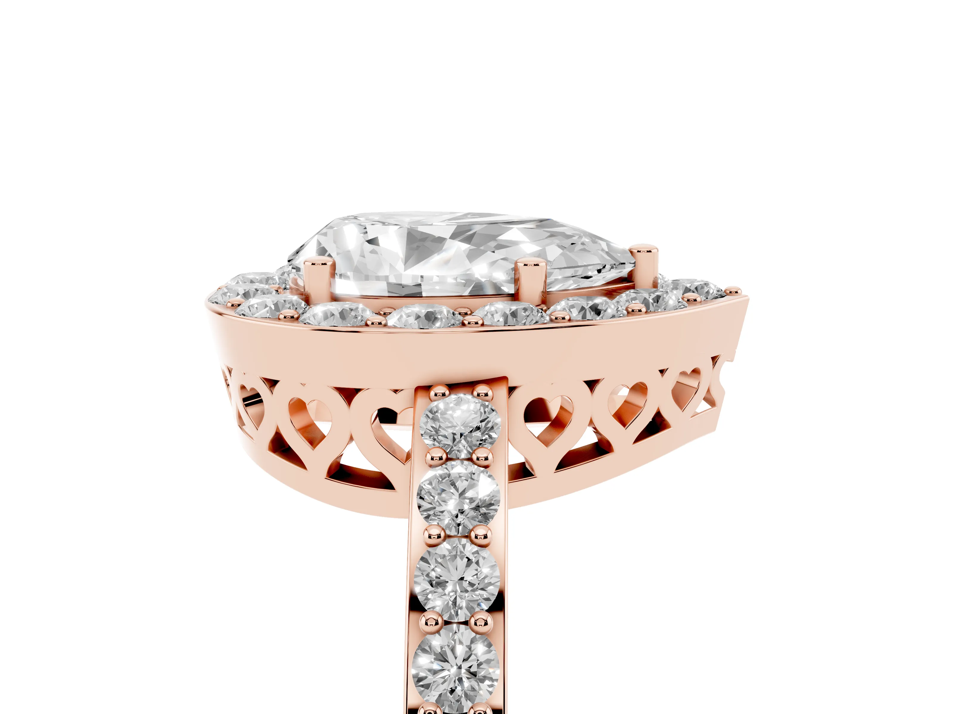 Pear Cut Diamond Halo Ring Set in Rose gold with Pavé-Setting Band and Open Prong Center