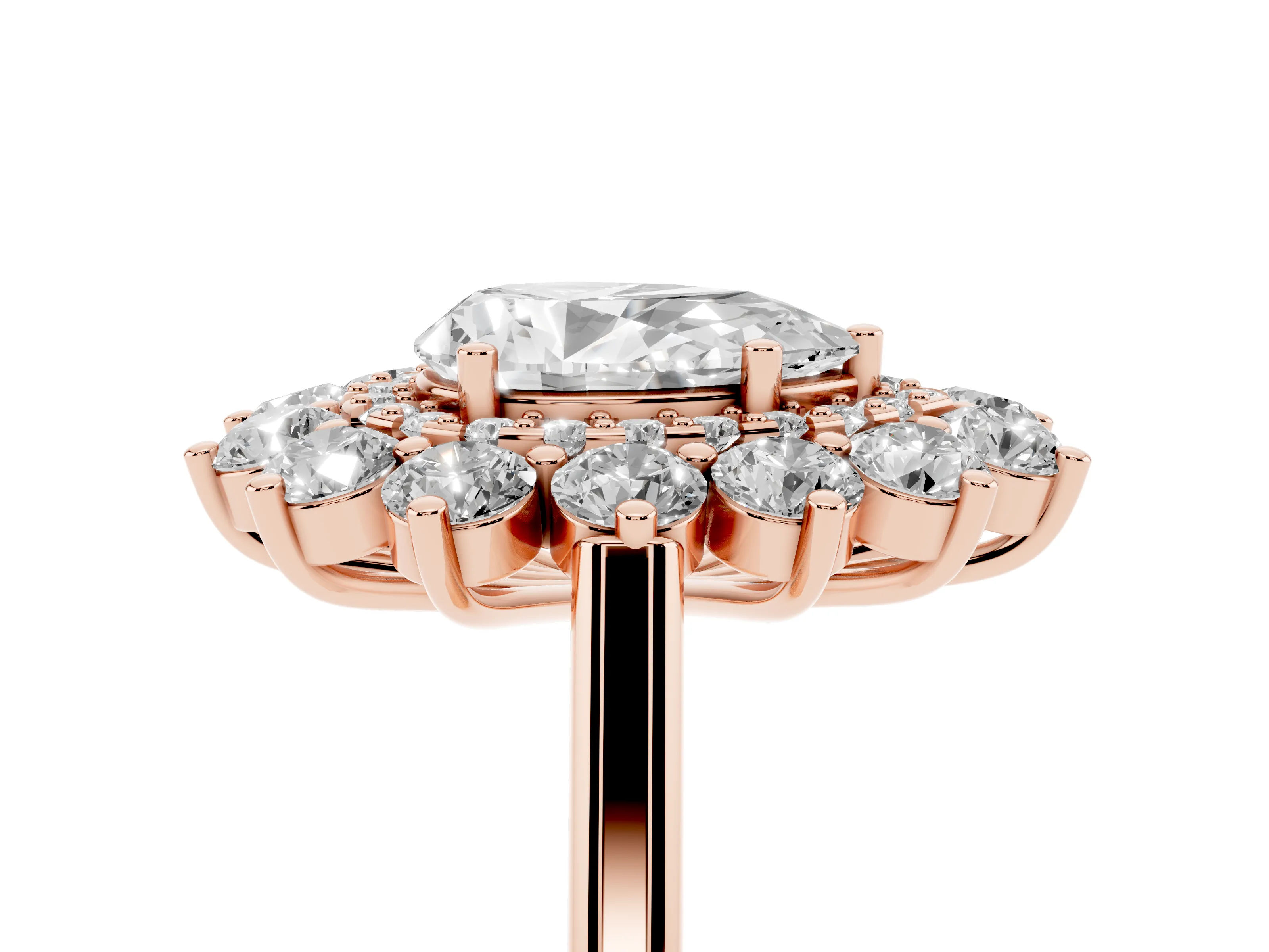 Pear Cut Diamond Floral Double Halo Ring Set in Rose gold with Round Petals
