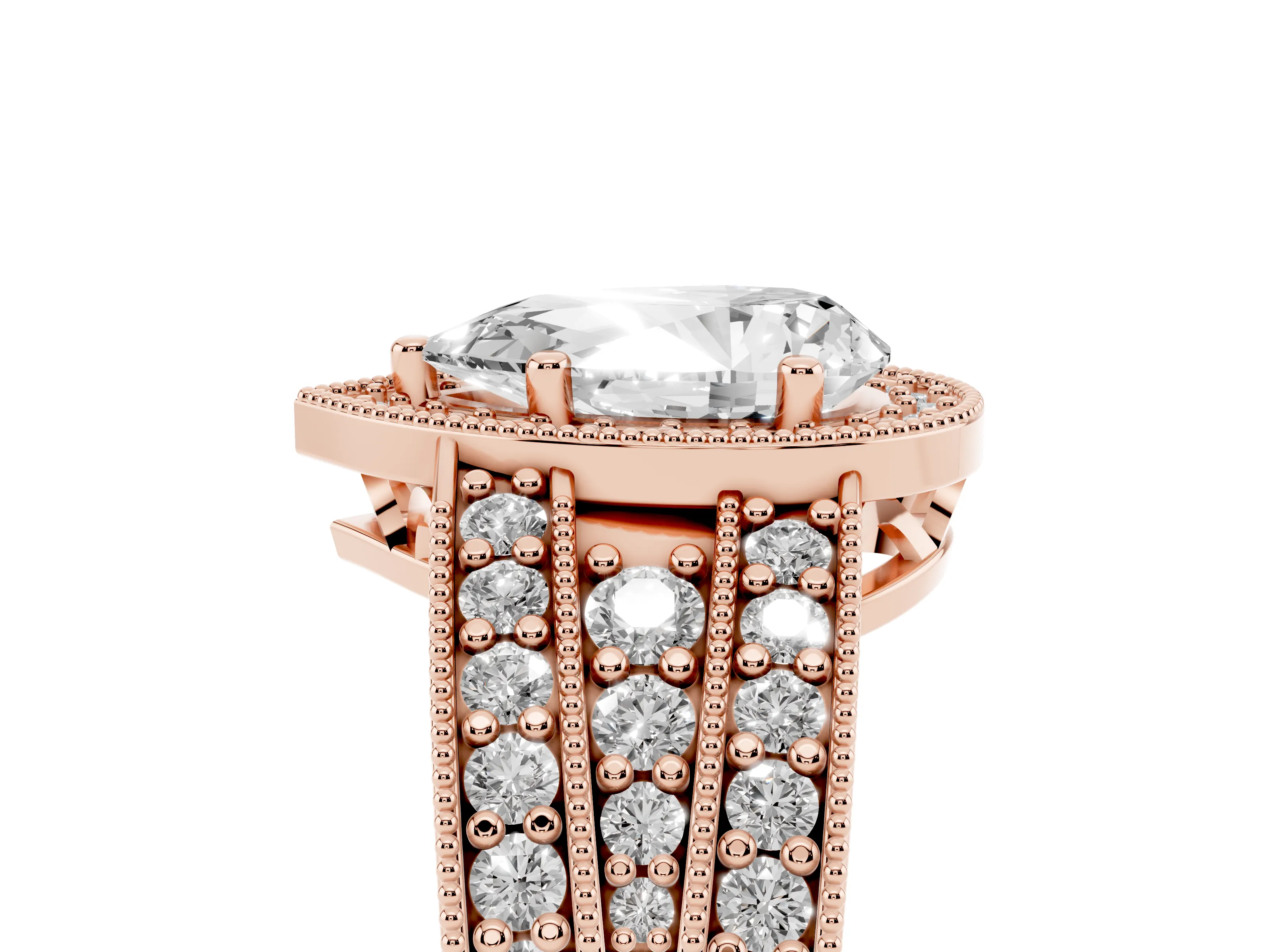 Pear Cut Diamond Halo Ring Set in Rose gold with Accent Split Shank and Prong Setting