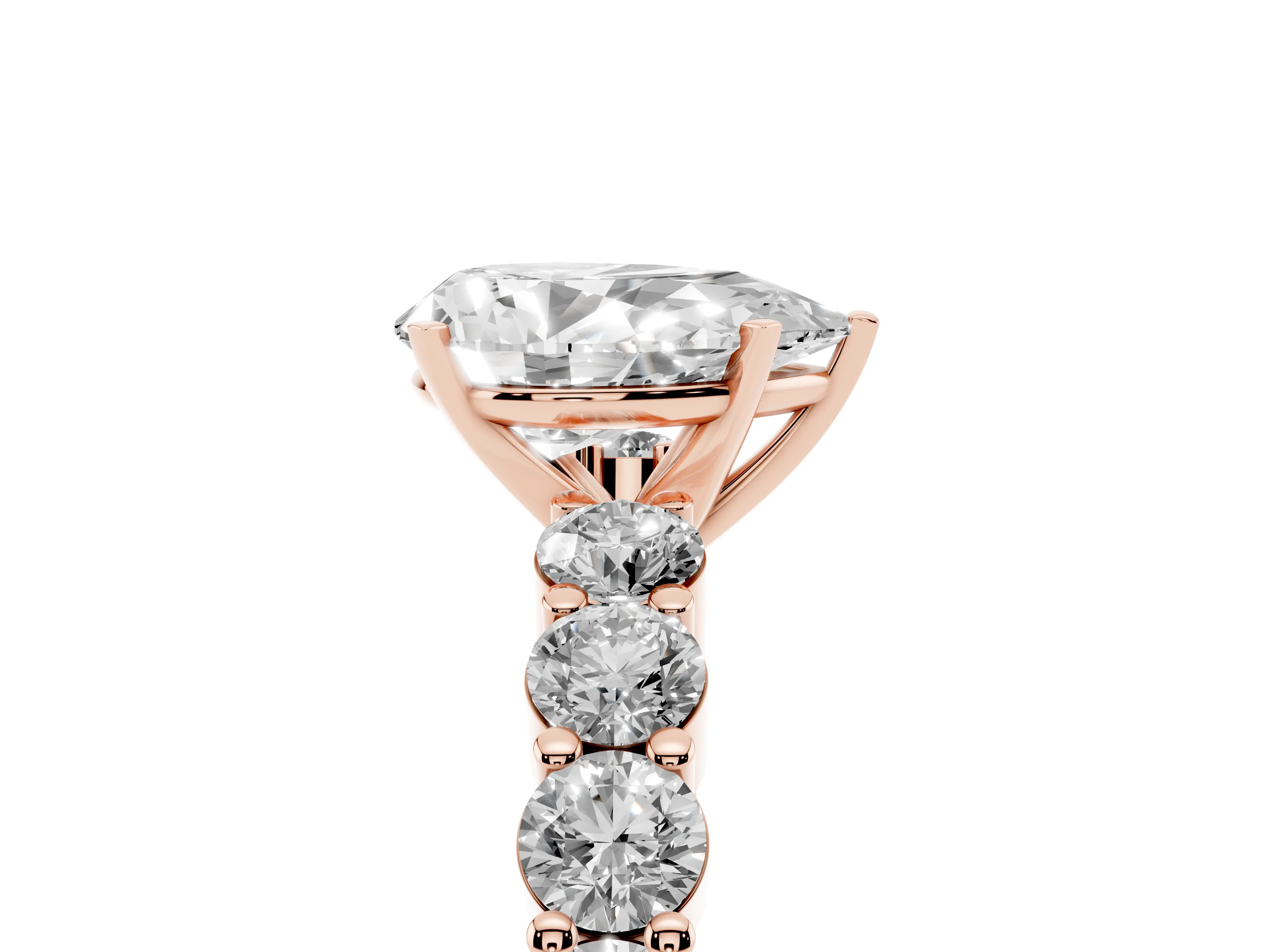 Pear Cut Diamond Solitaire Ring Set in Rose gold with Shared Prong Round Side Stones