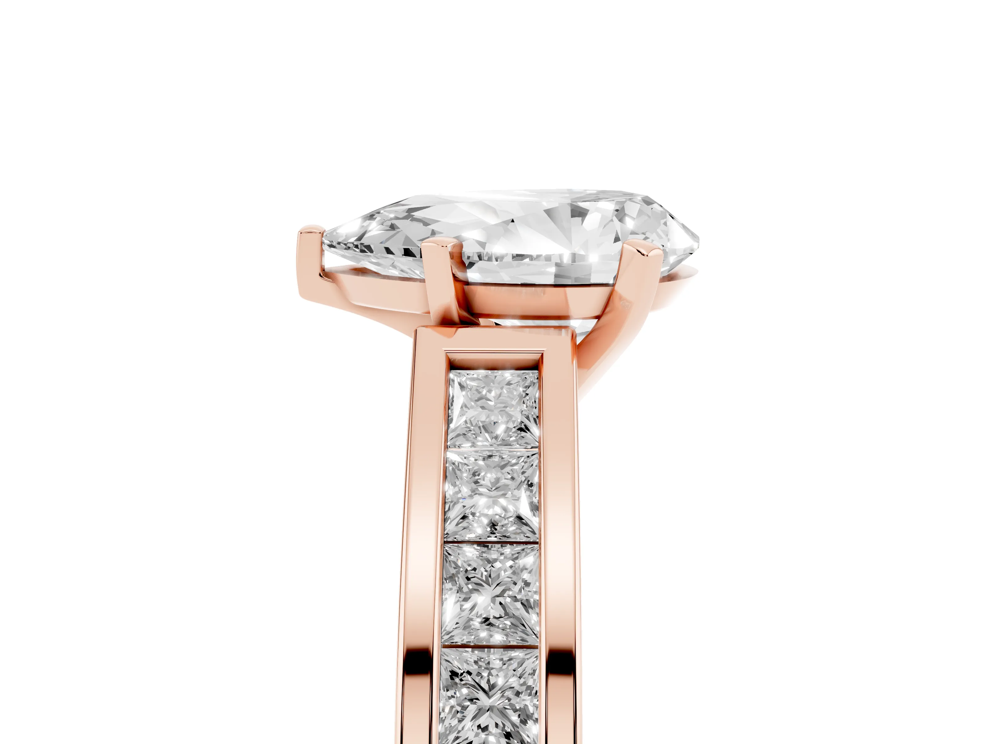 Pear Cut Diamond Solitaire Ring Set in Rose gold with Channel-Set Band and Prong Setting